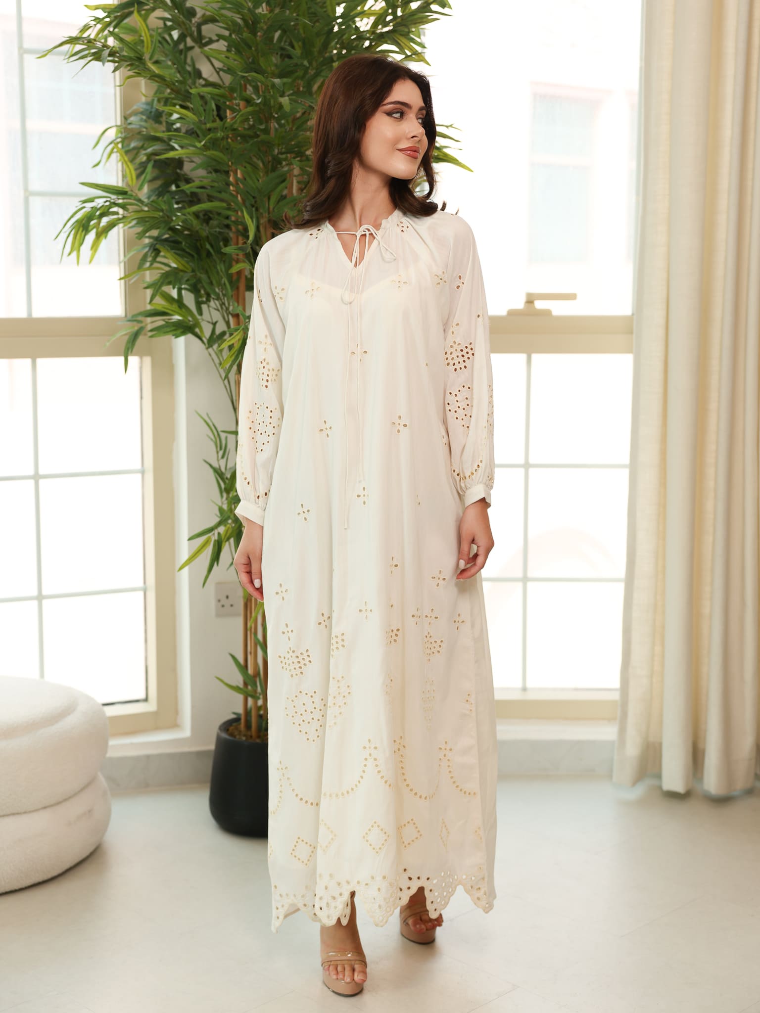Dovia Off White Cutwork Long Dress