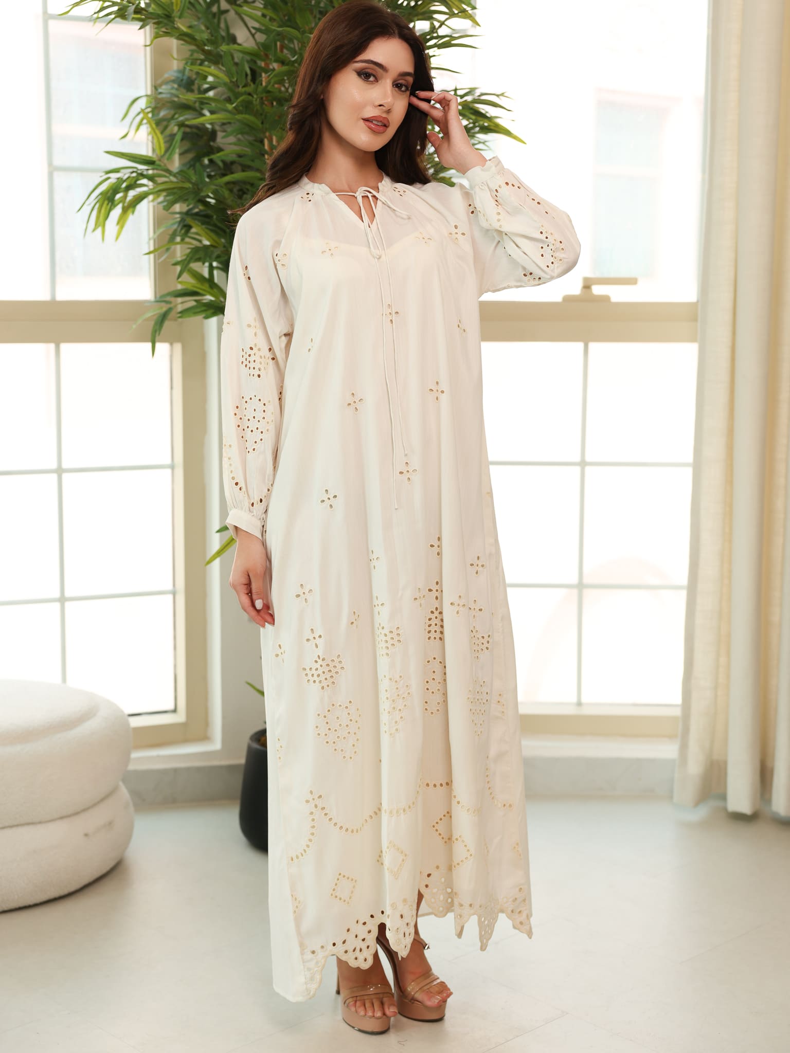 Dovia Off White Cutwork Long Dress