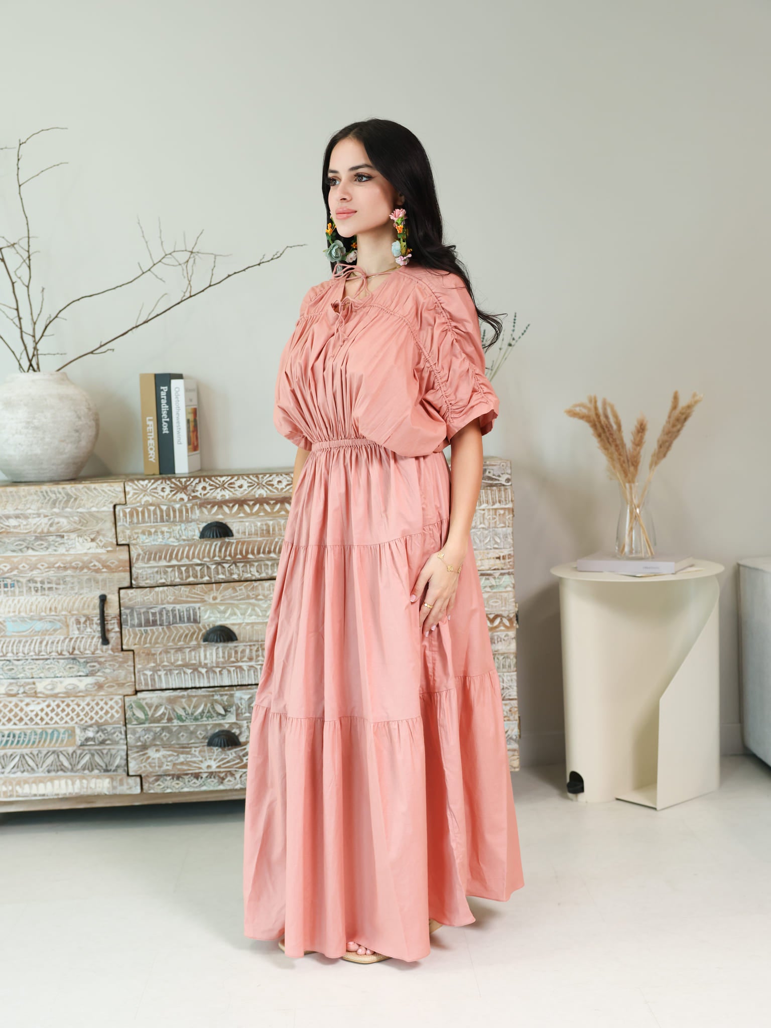 Kester Peach Gathered Long Dress