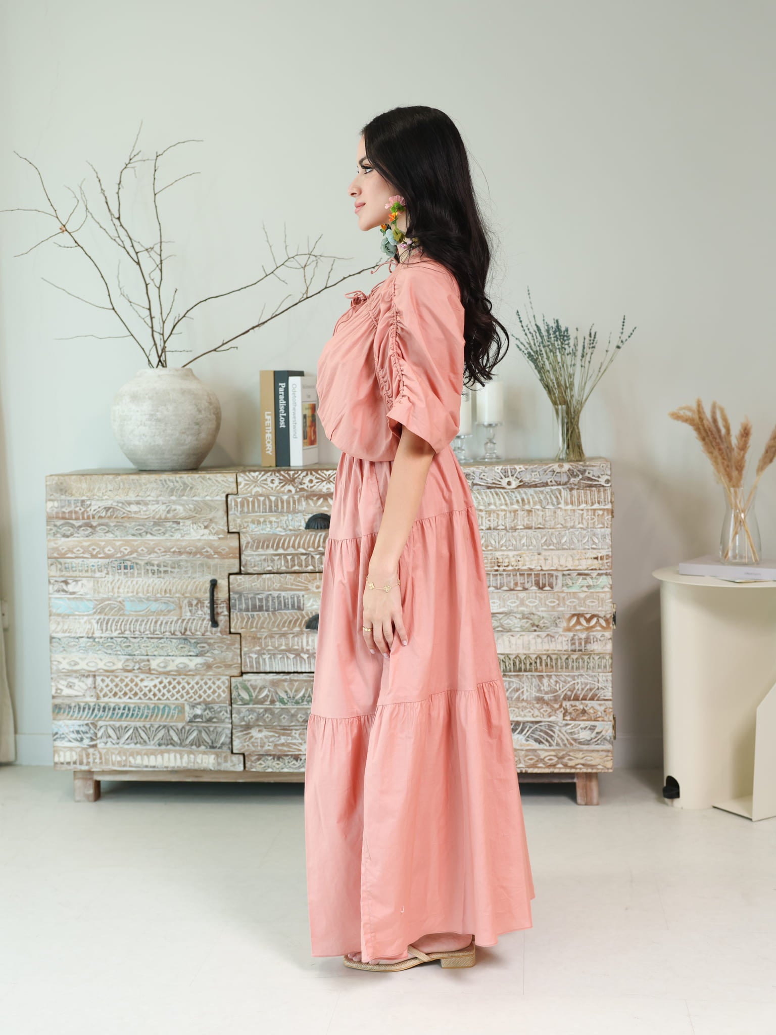 Kester Peach Gathered Long Dress