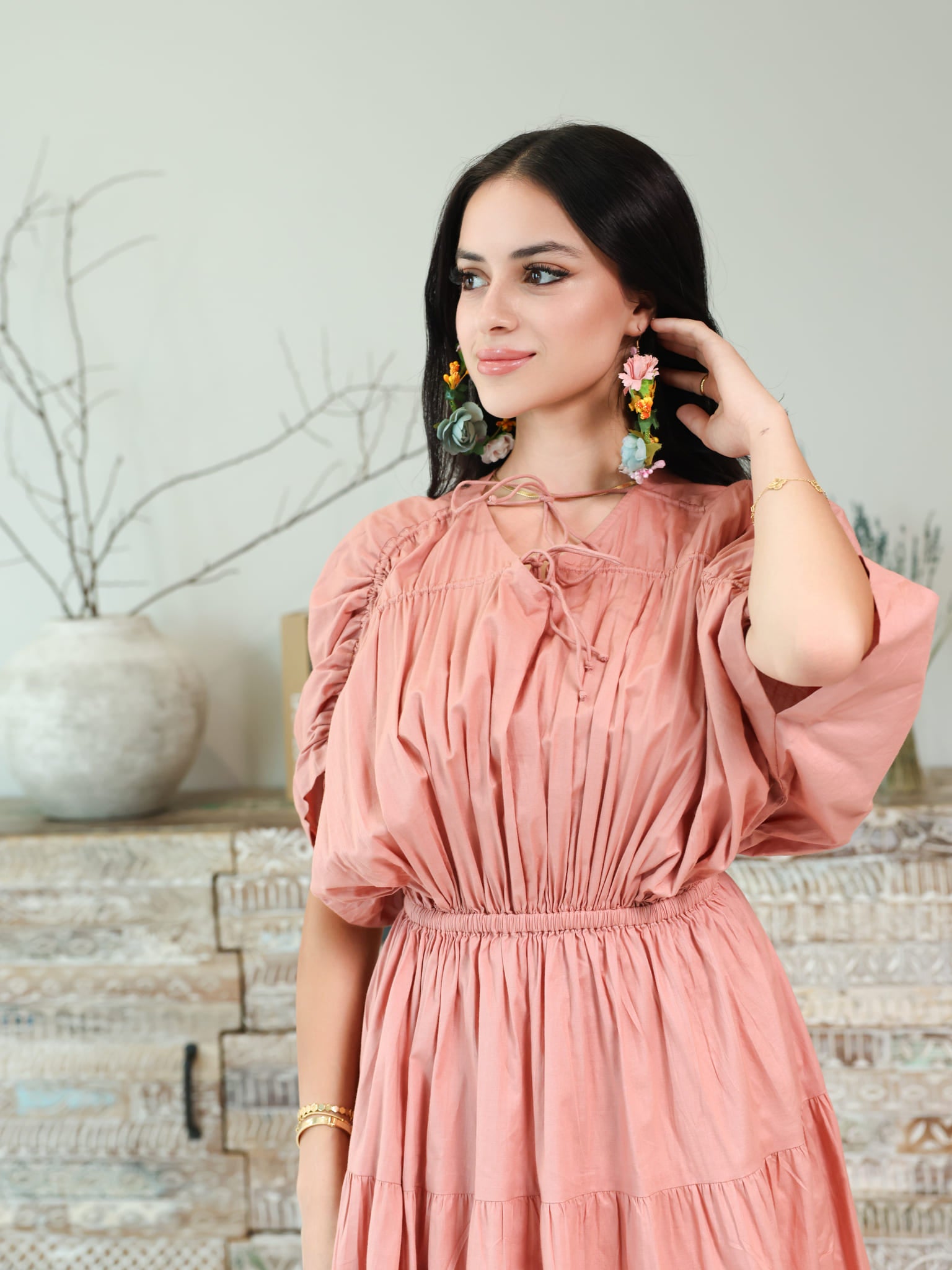 Kester Peach Gathered Long Dress