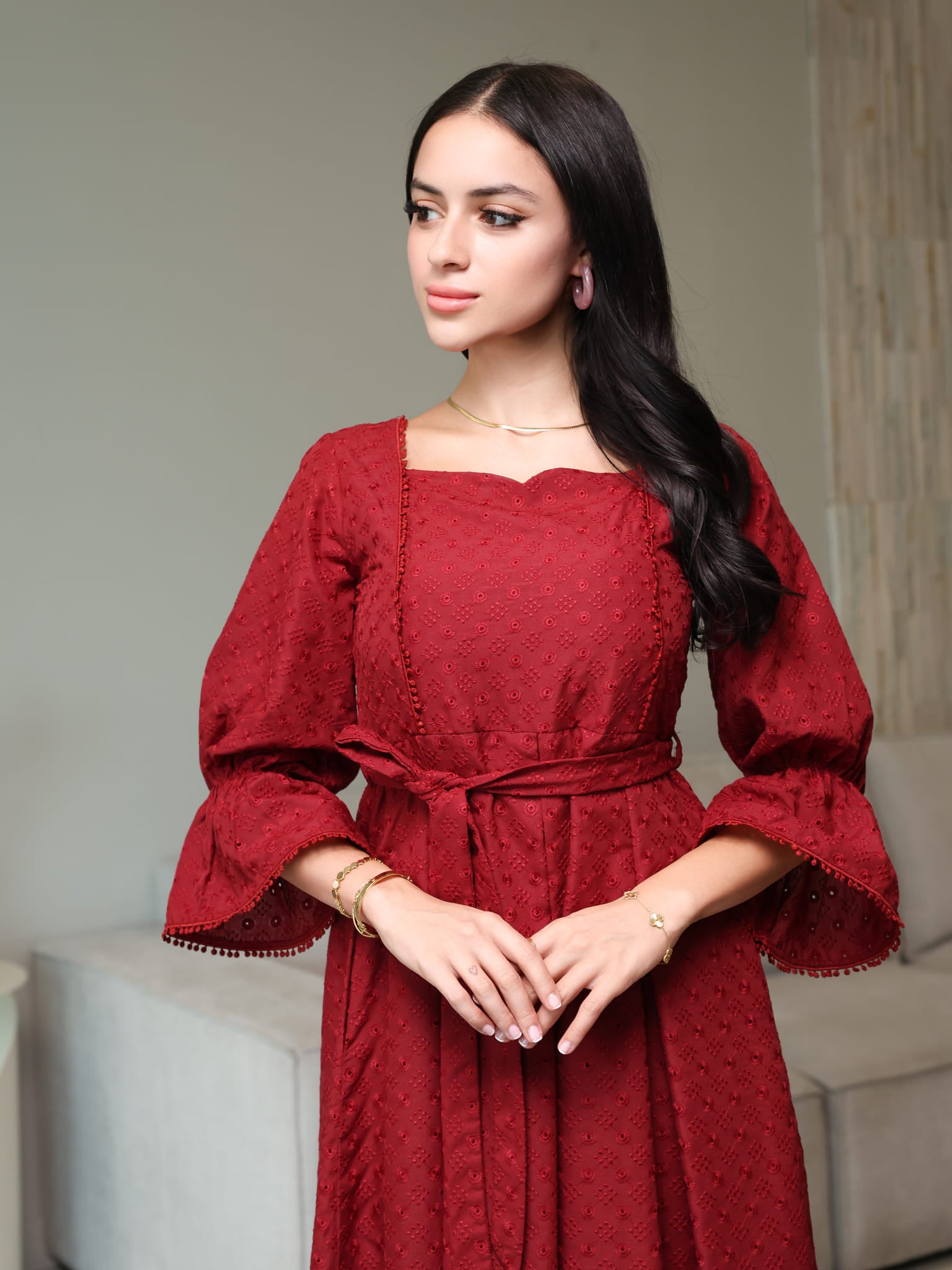 Avra Maroon Cutwork Dress