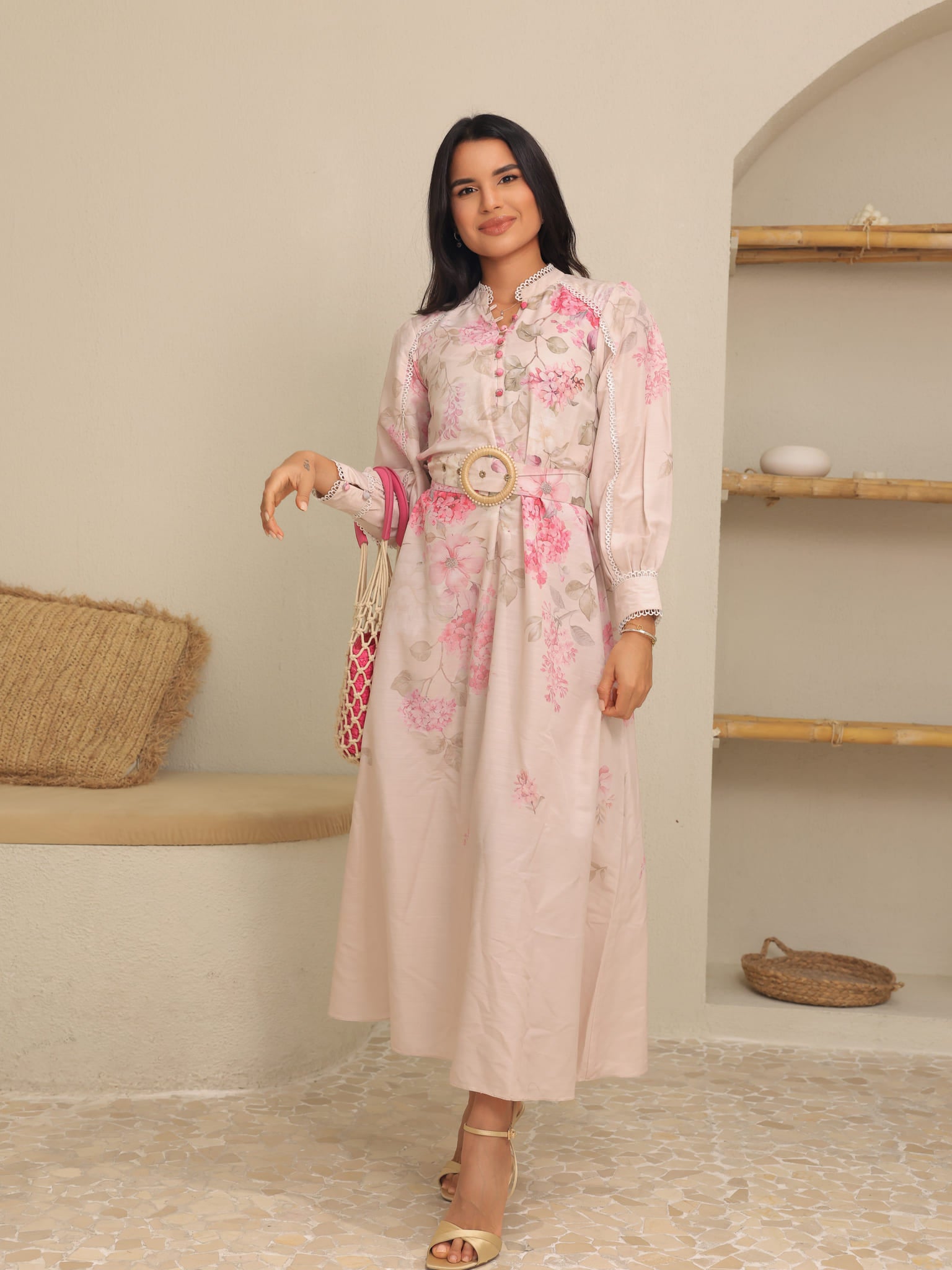Bellina Pink Floral Buckle Long Dress