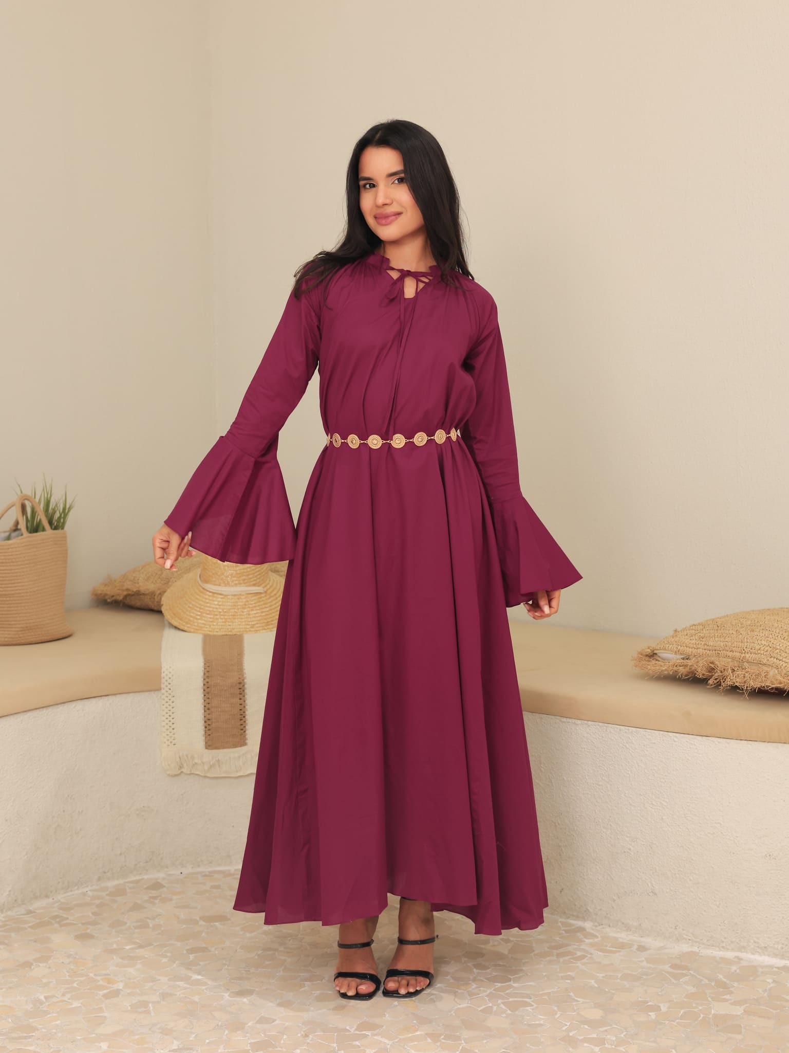 Marnel Plum Cotton Gathered Long Dress