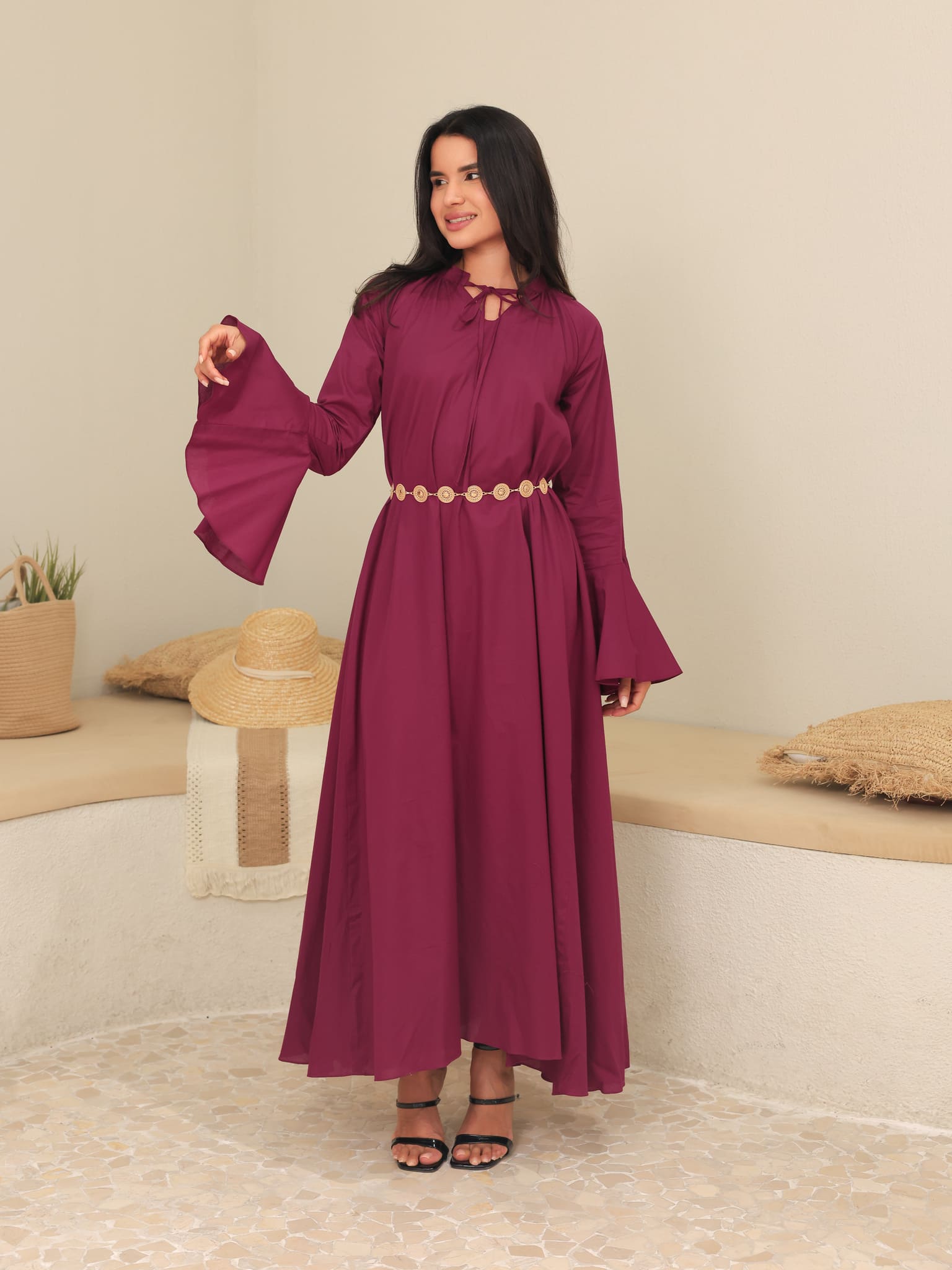 Marnel Plum Cotton Gathered Long Dress