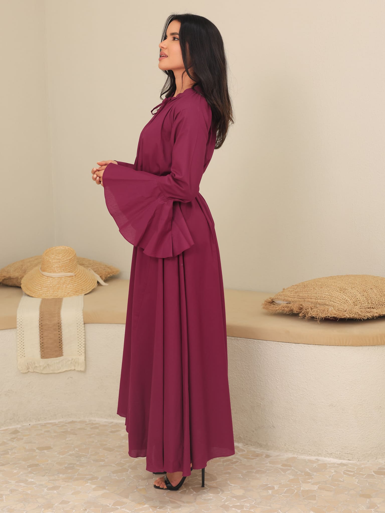 Marnel Plum Cotton Gathered Long Dress