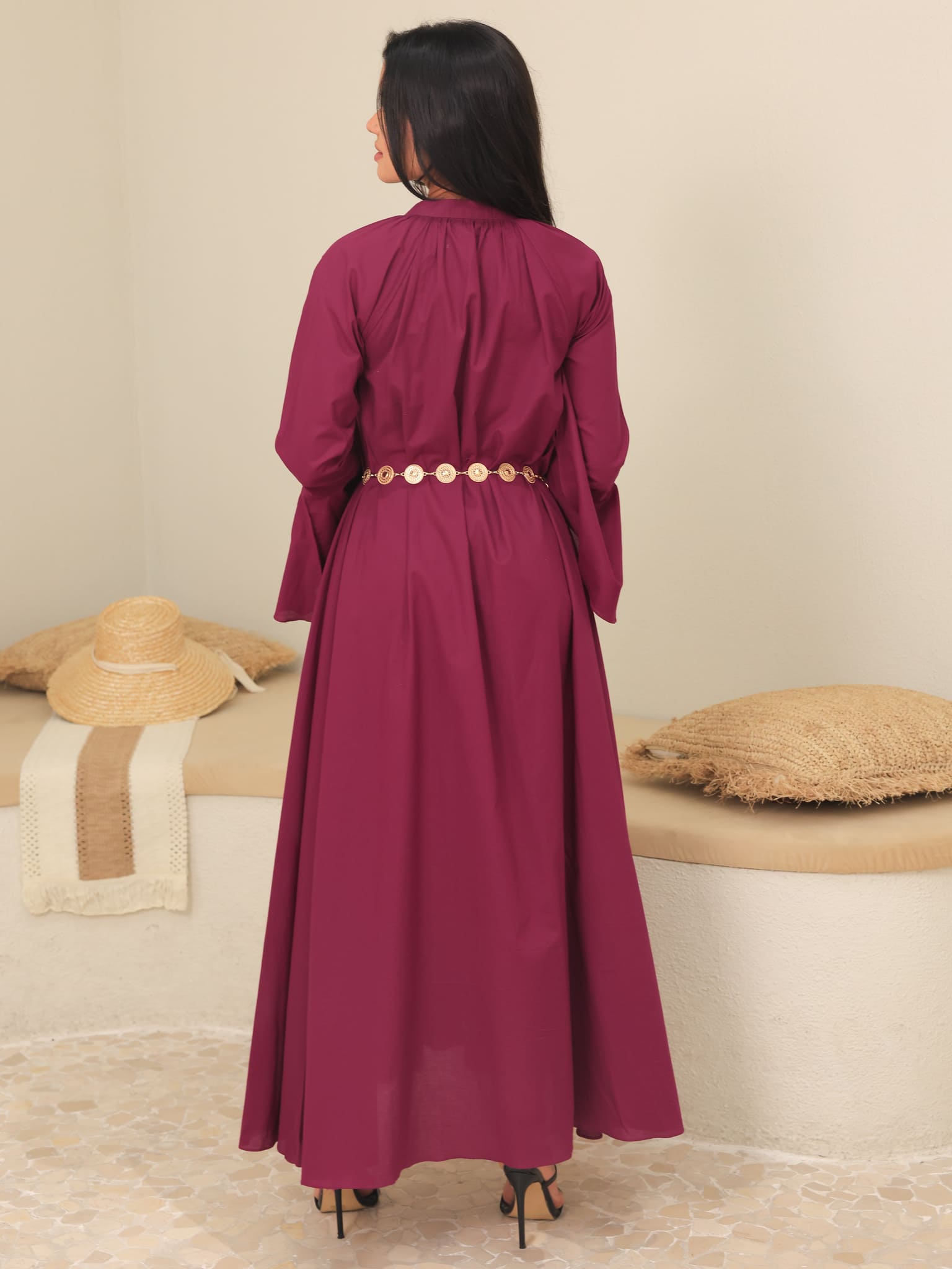 Marnel Plum Cotton Gathered Long Dress