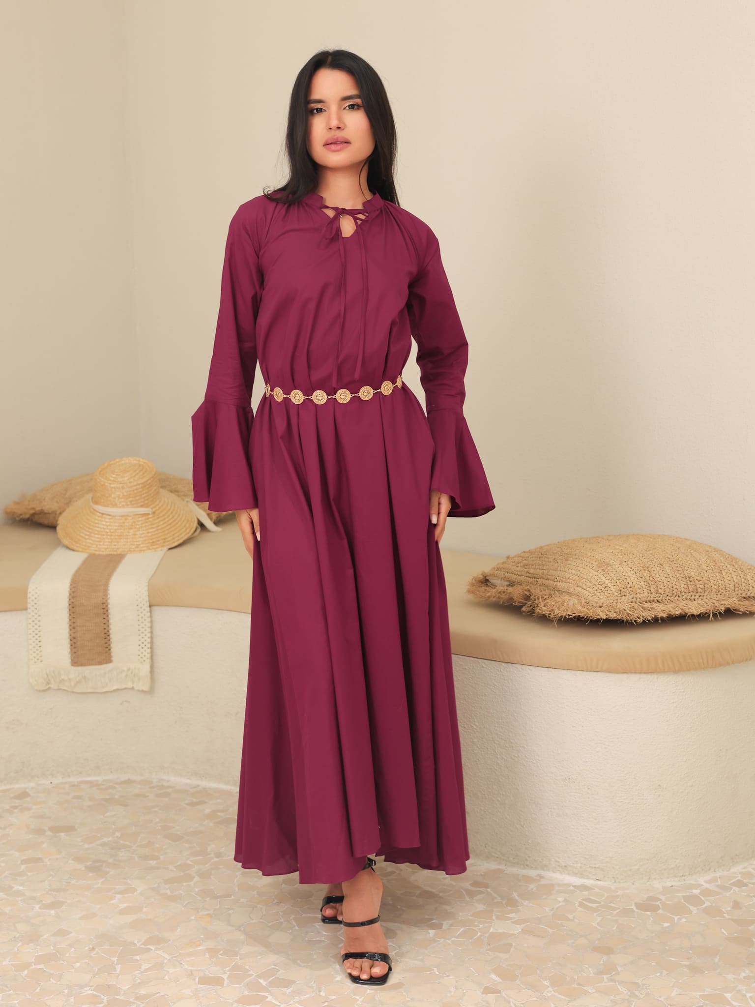 Marnel Plum Cotton Gathered Long Dress