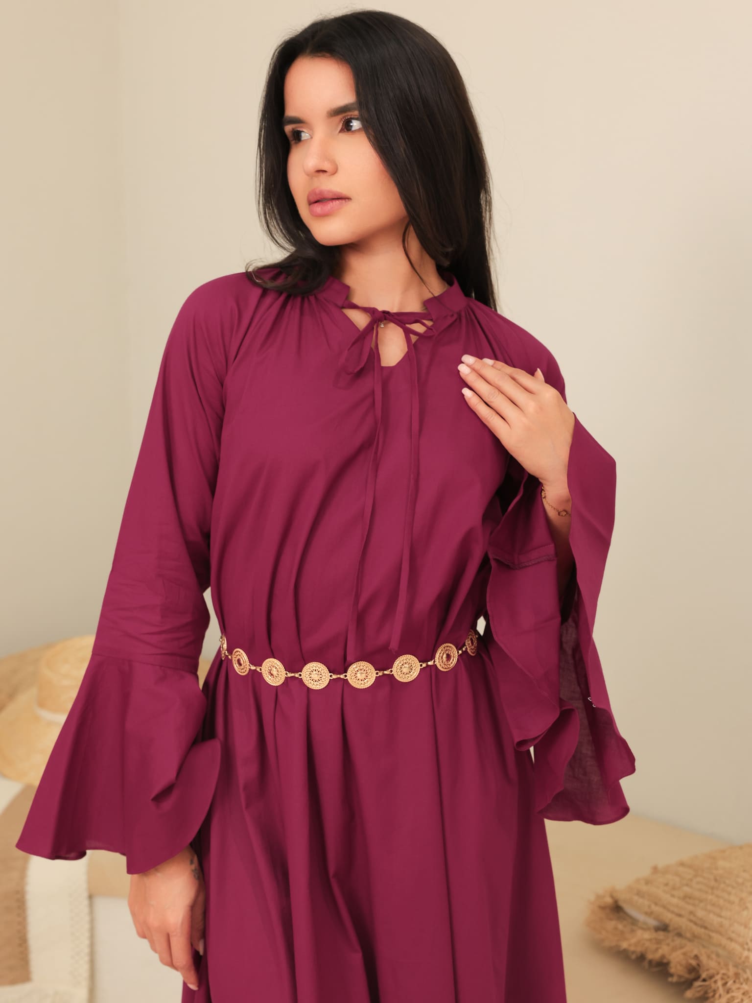 Marnel Plum Cotton Gathered Long Dress