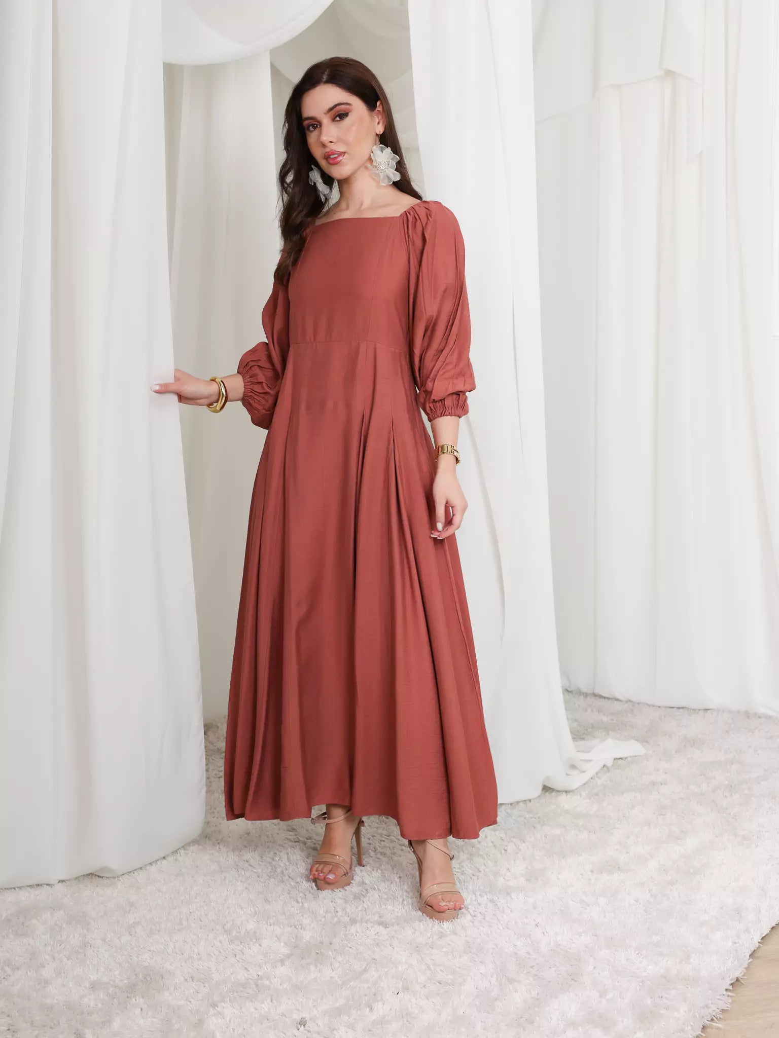 Rustic Ruby Box Pleat Long Dress