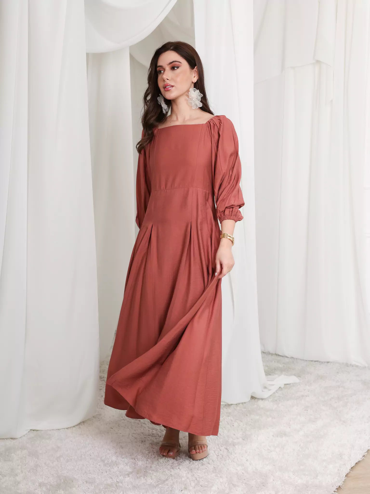 Rustic Ruby Box Pleat Long Dress