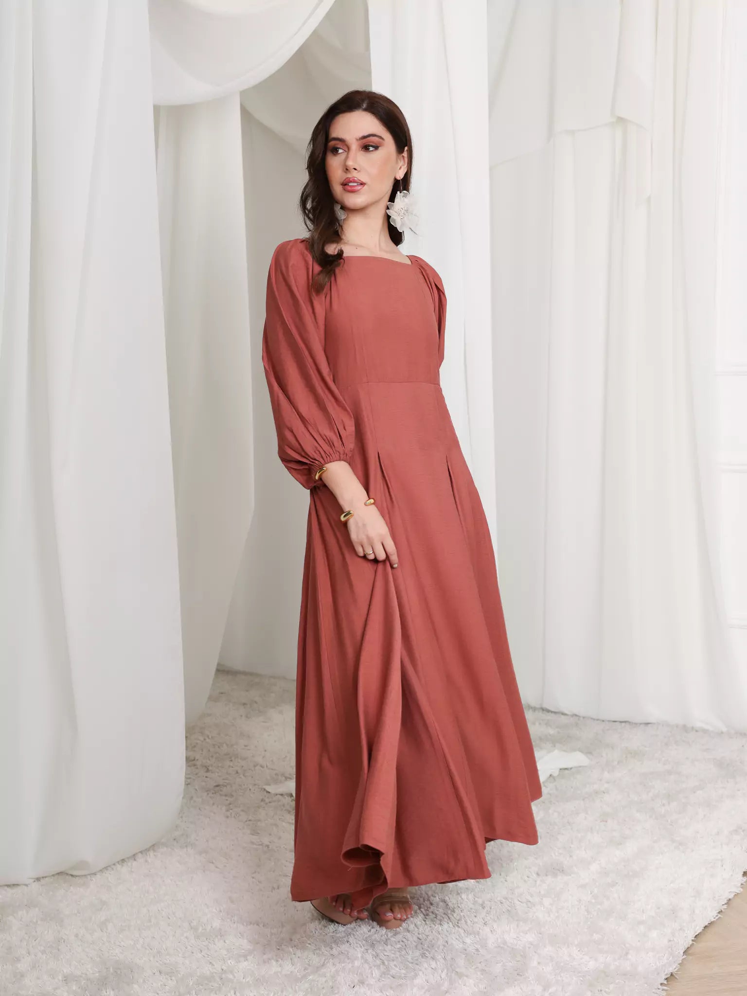 Rustic Ruby Box Pleat Long Dress