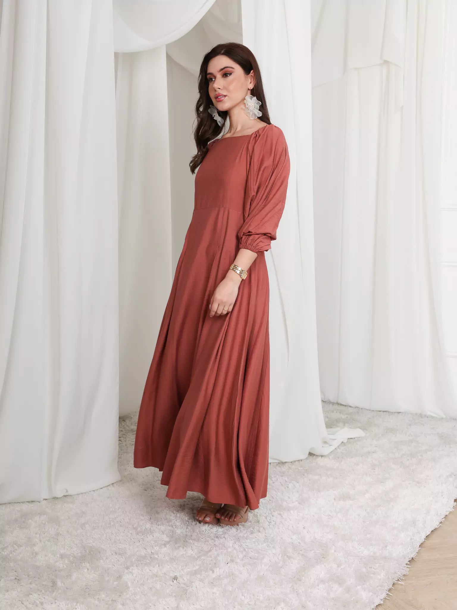 Rustic Ruby Box Pleat Long Dress