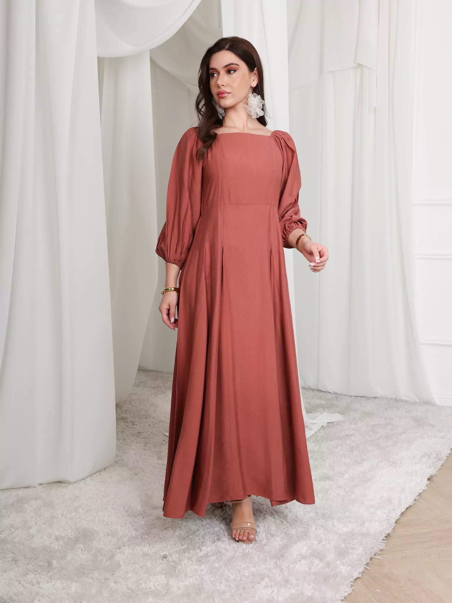 Rustic Ruby Box Pleat Long Dress