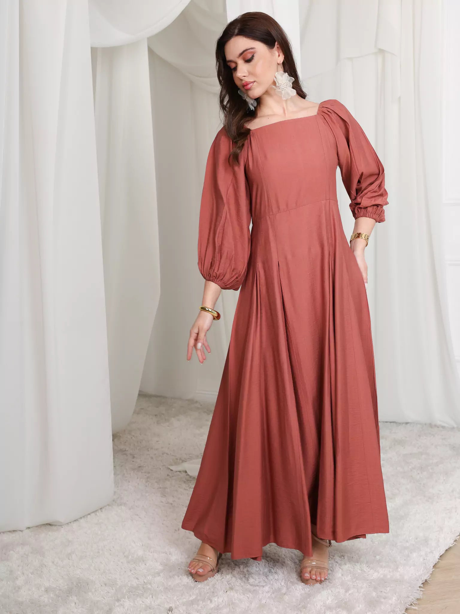 Rustic Ruby Box Pleat Long Dress