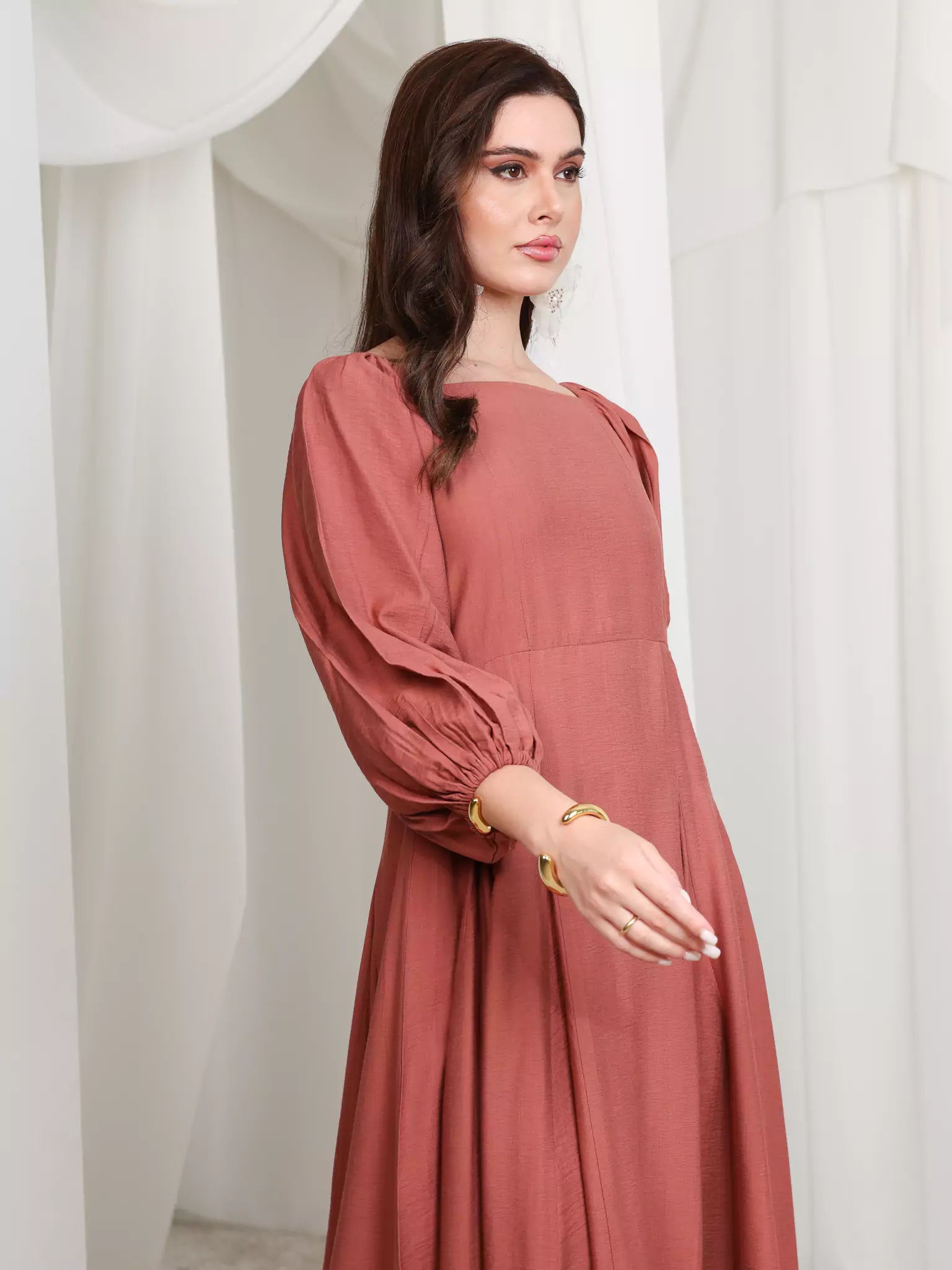 Rustic Ruby Box Pleat Long Dress