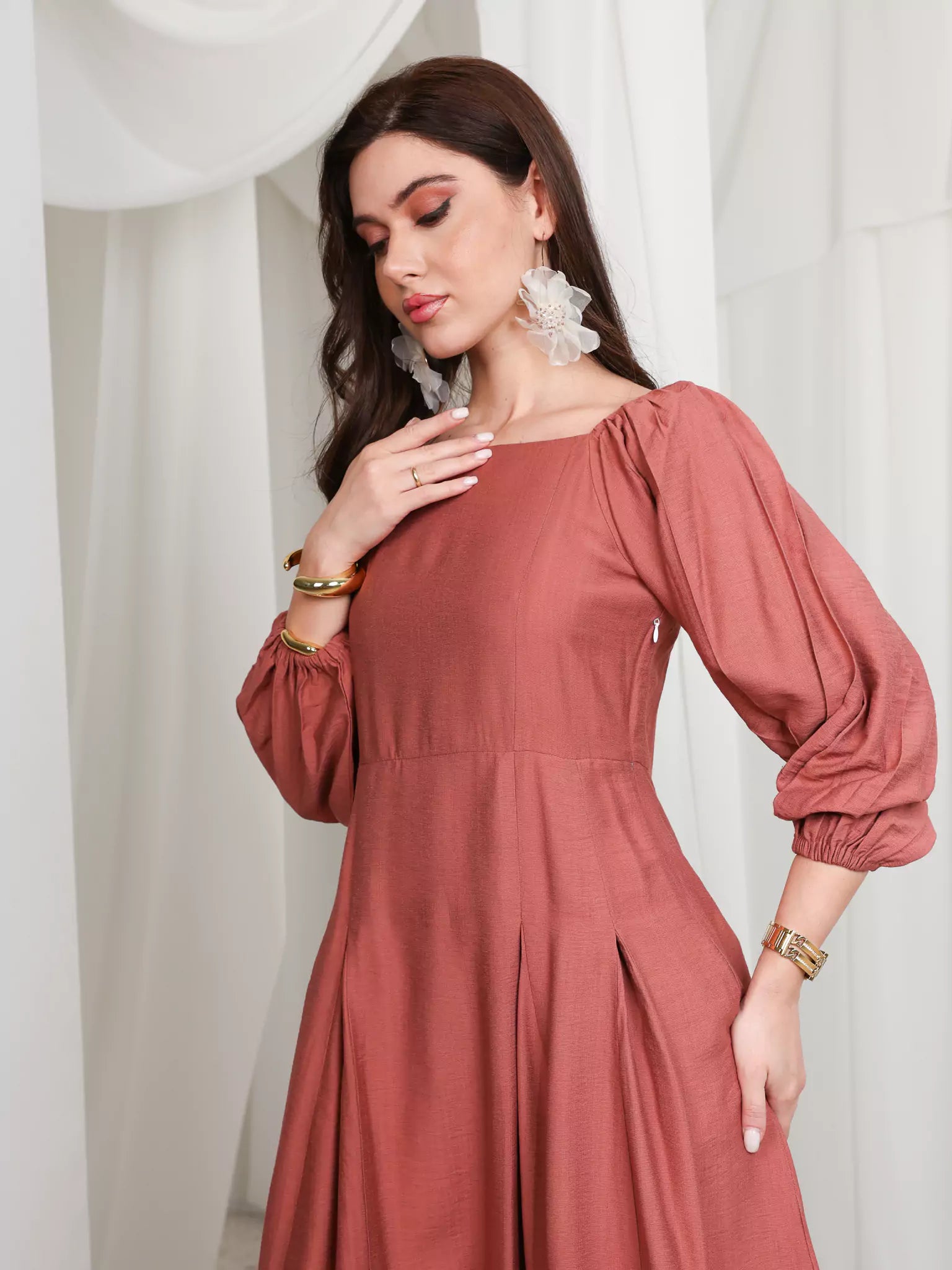 Rustic Ruby Box Pleat Long Dress