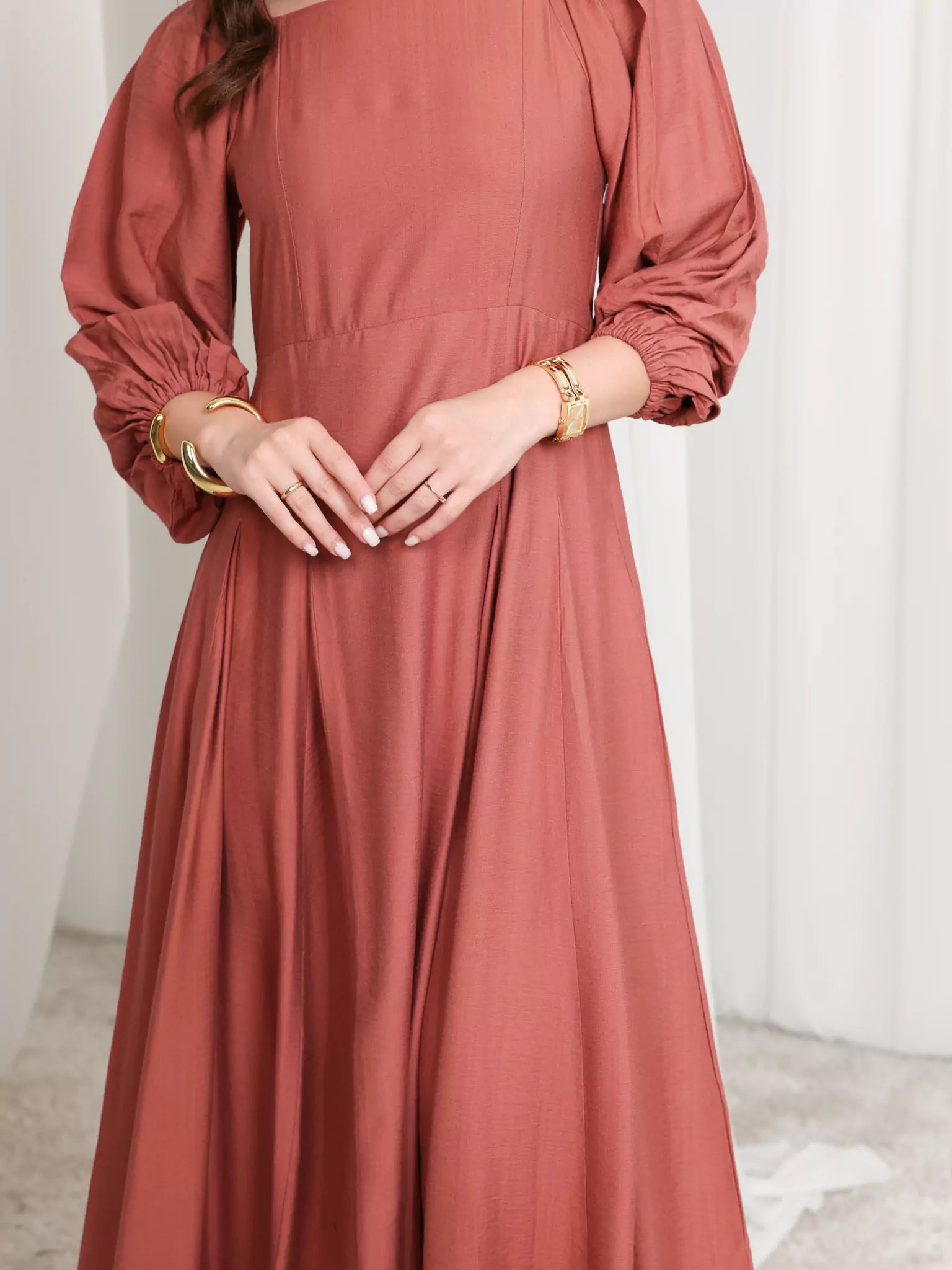 Rustic Ruby Box Pleat Long Dress