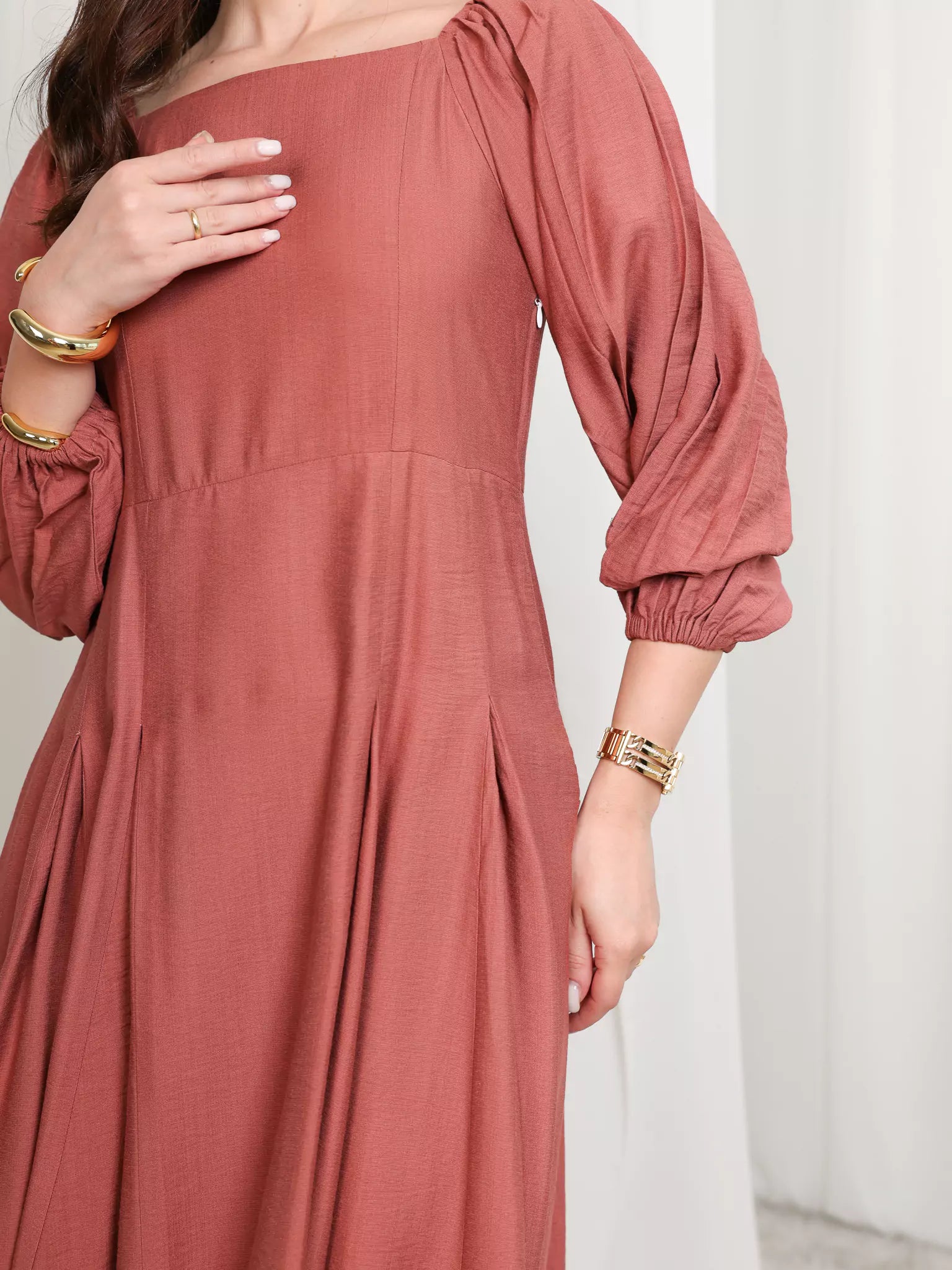 Rustic Ruby Box Pleat Long Dress