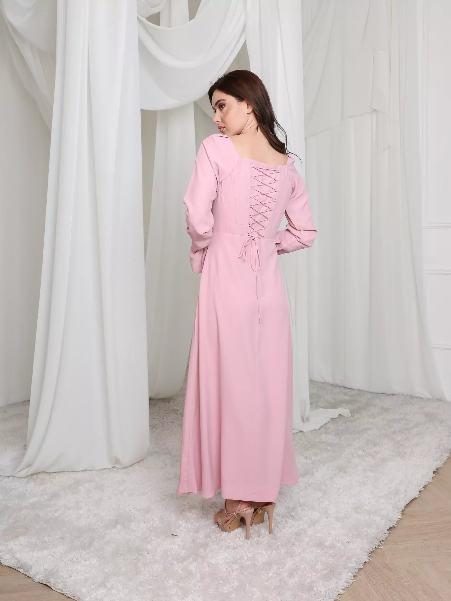 Pink Lattice Cowl Dress With Boning