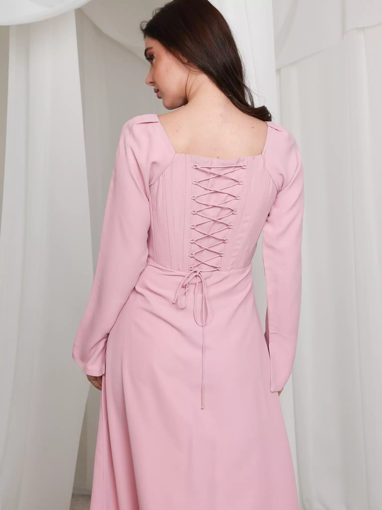 Pink Lattice Cowl Dress With Boning