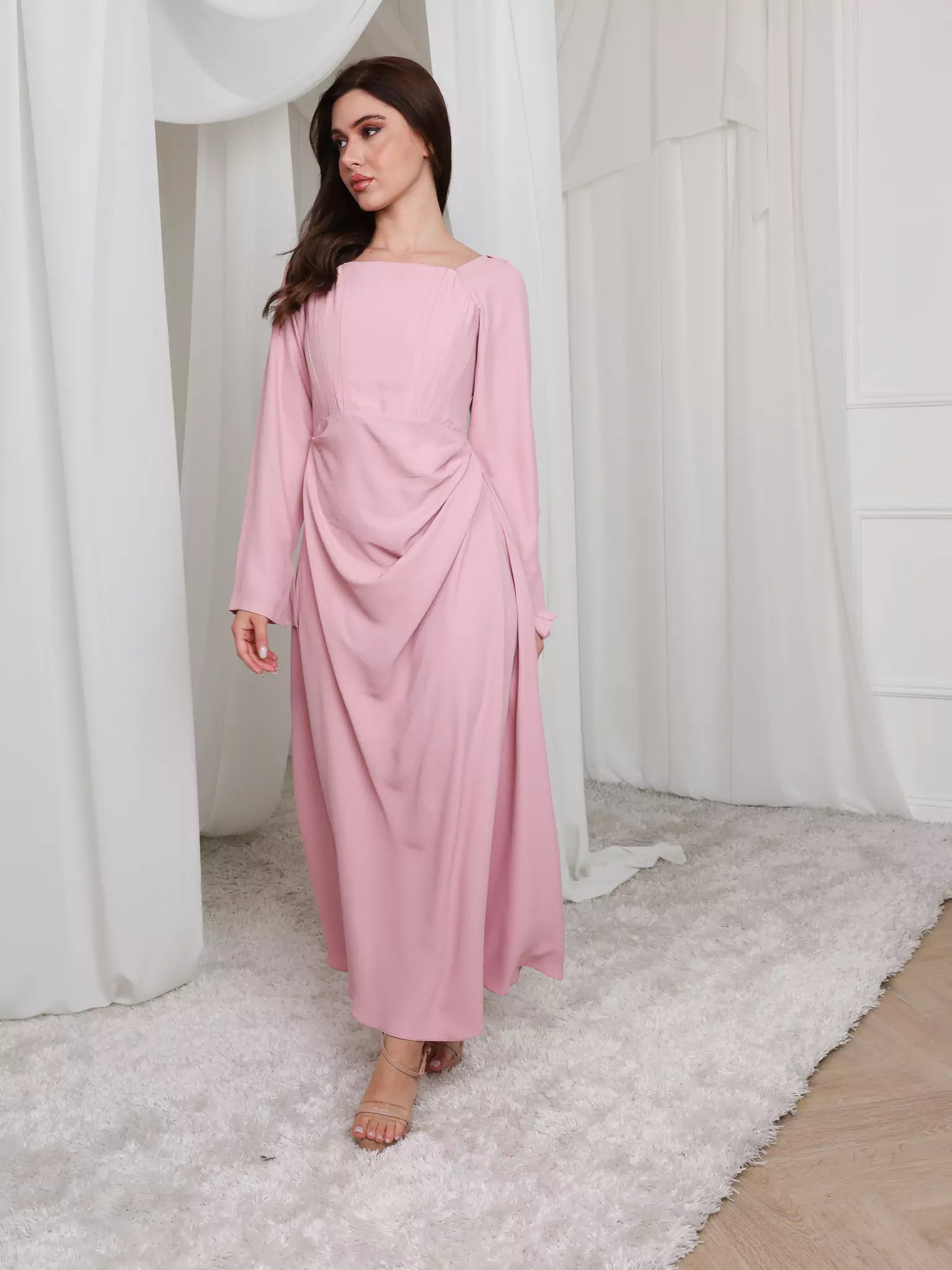 Pink Lattice Cowl Dress With Boning