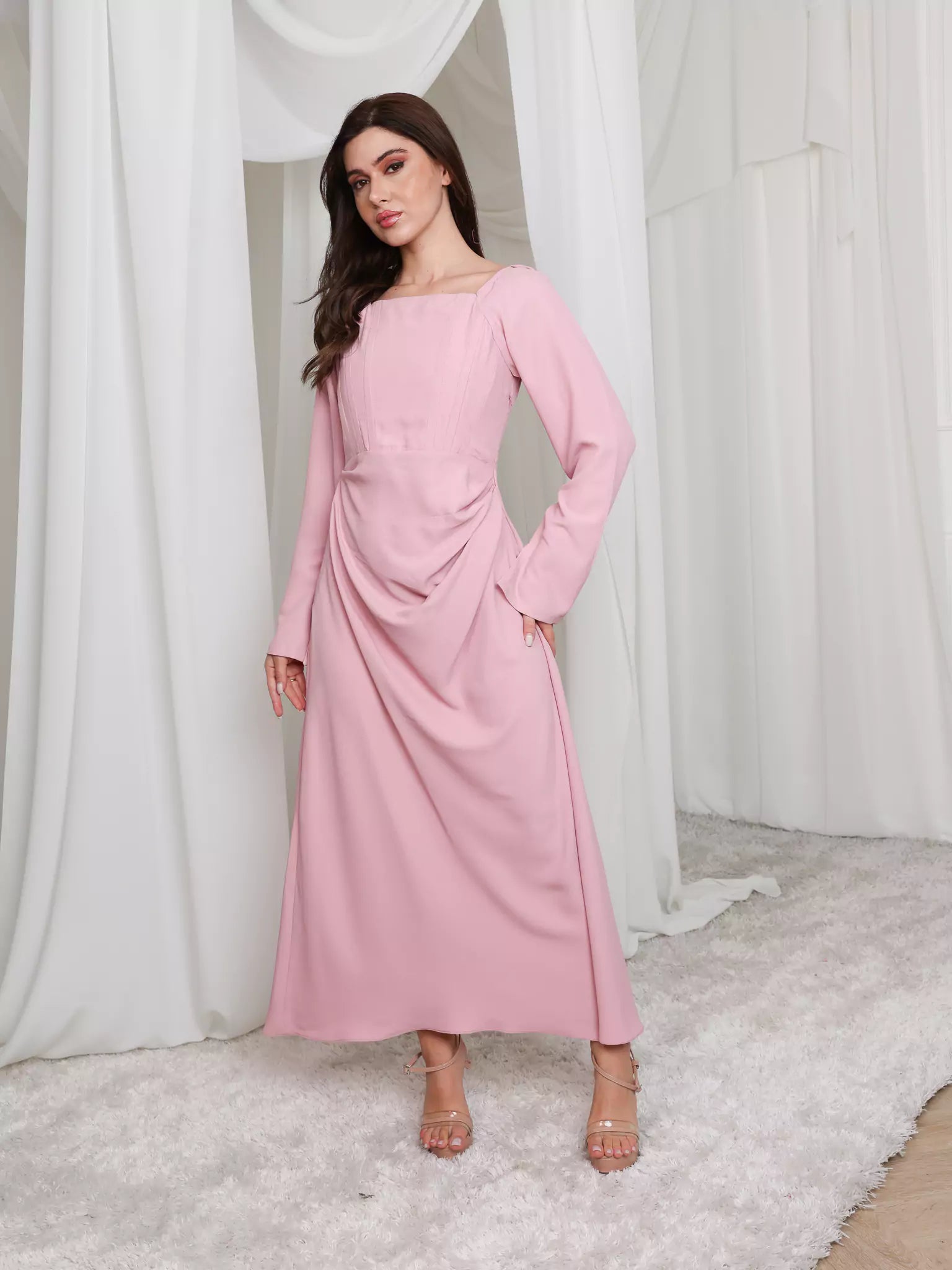 Pink Lattice Cowl Dress With Boning