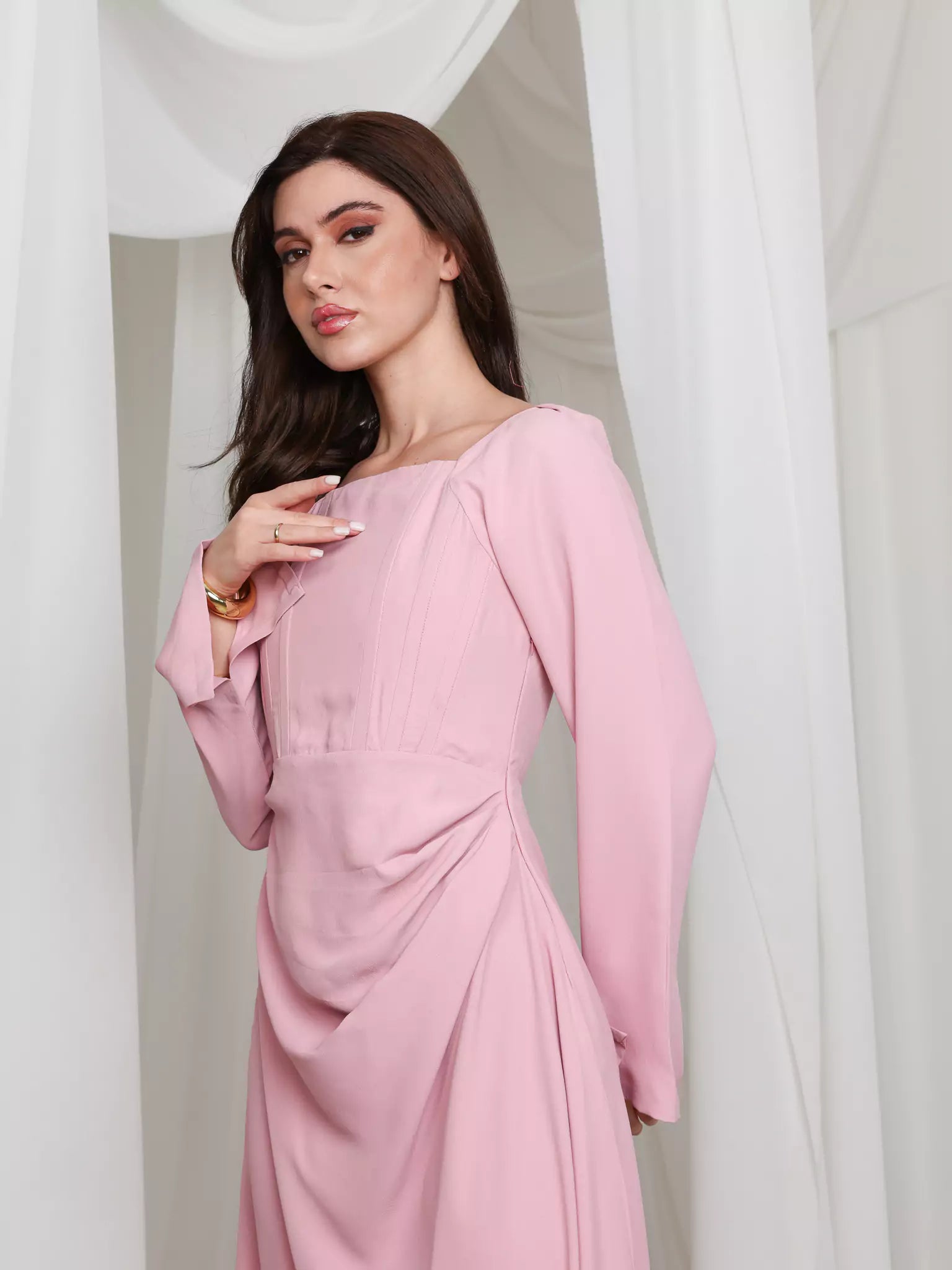 Pink Lattice Cowl Dress With Boning