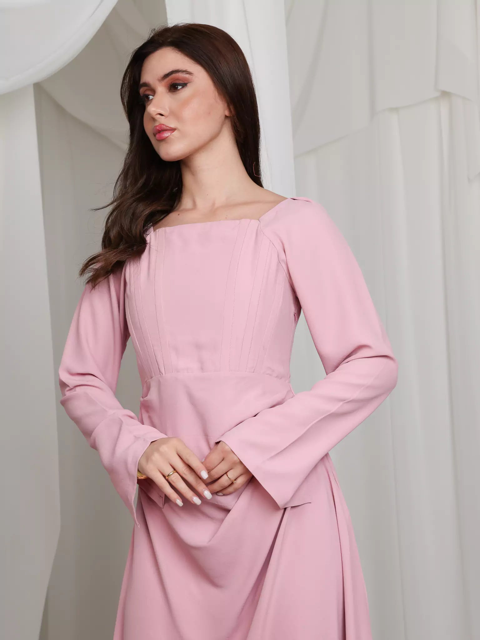 Pink Lattice Cowl Dress With Boning
