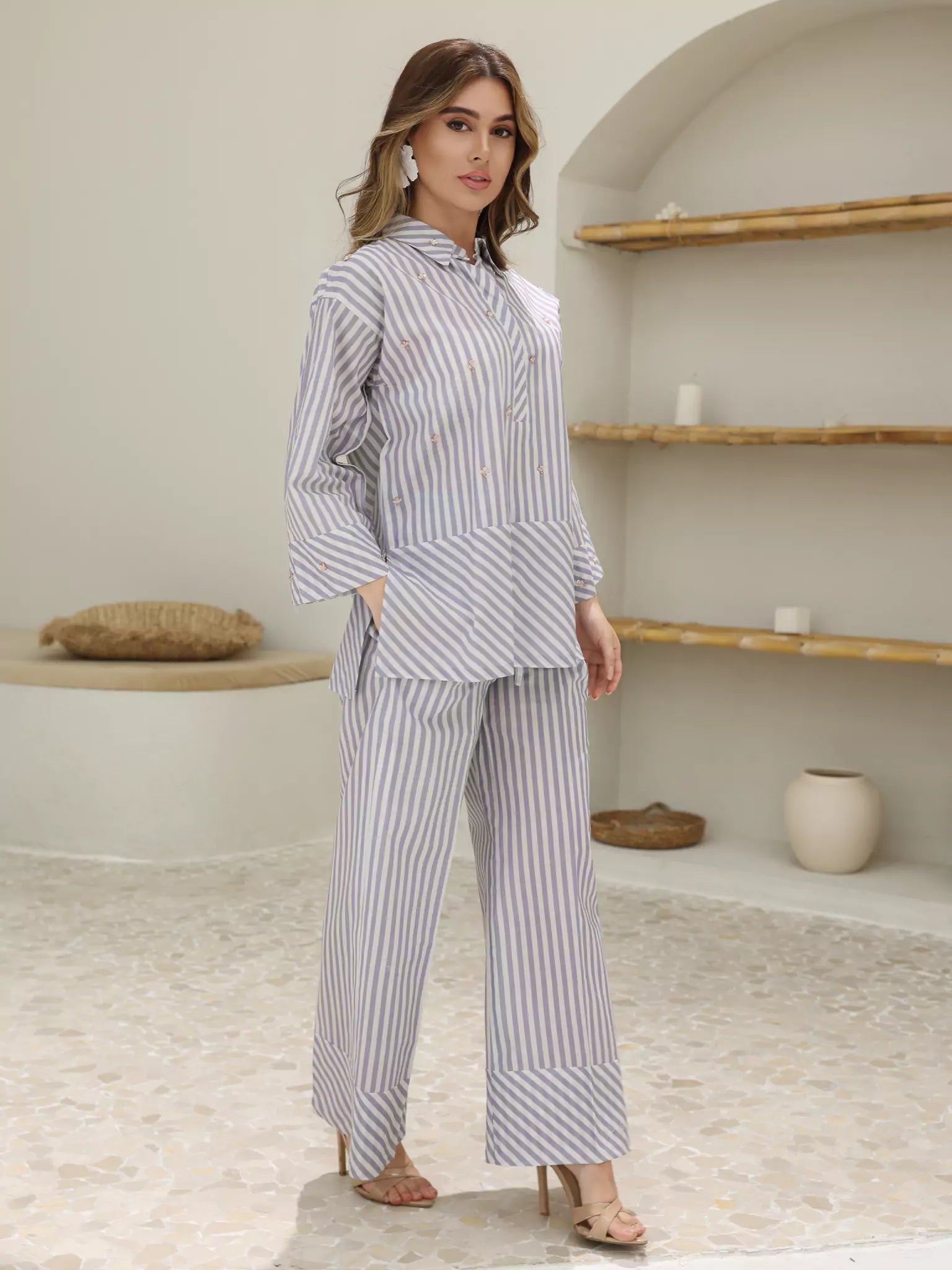 Lilac Stripe Embellished Co Ord Set