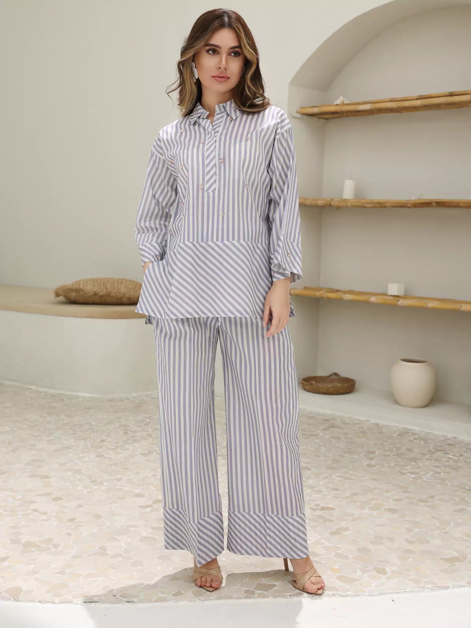 Lilac Stripe Embellished Co Ord Set