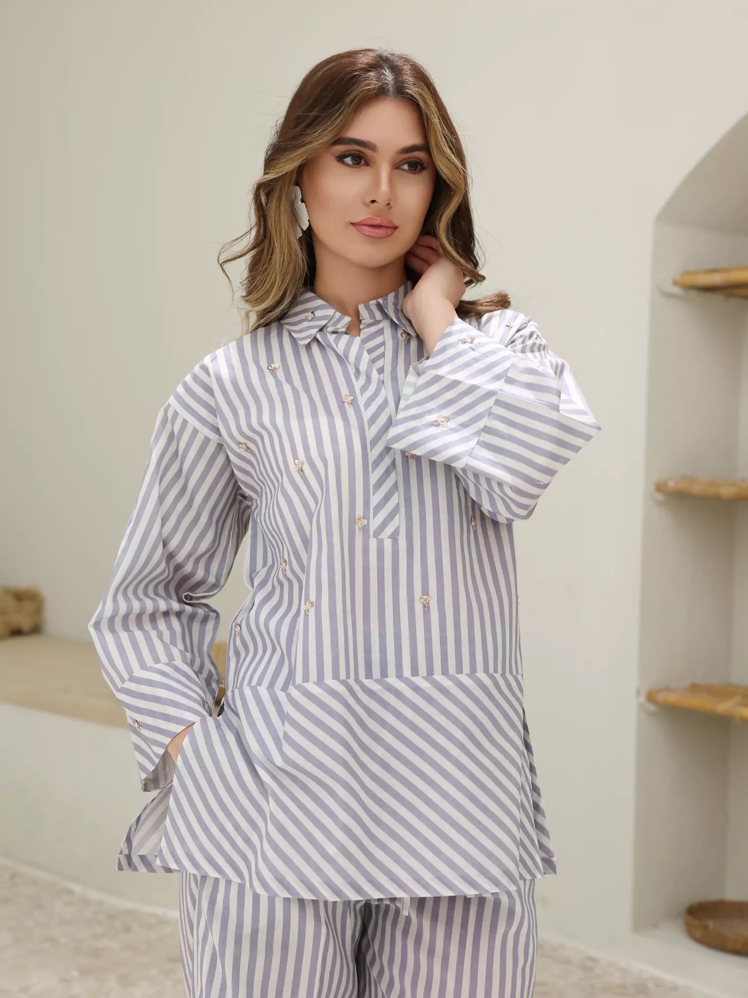 Lilac Stripe Embellished Co Ord Set