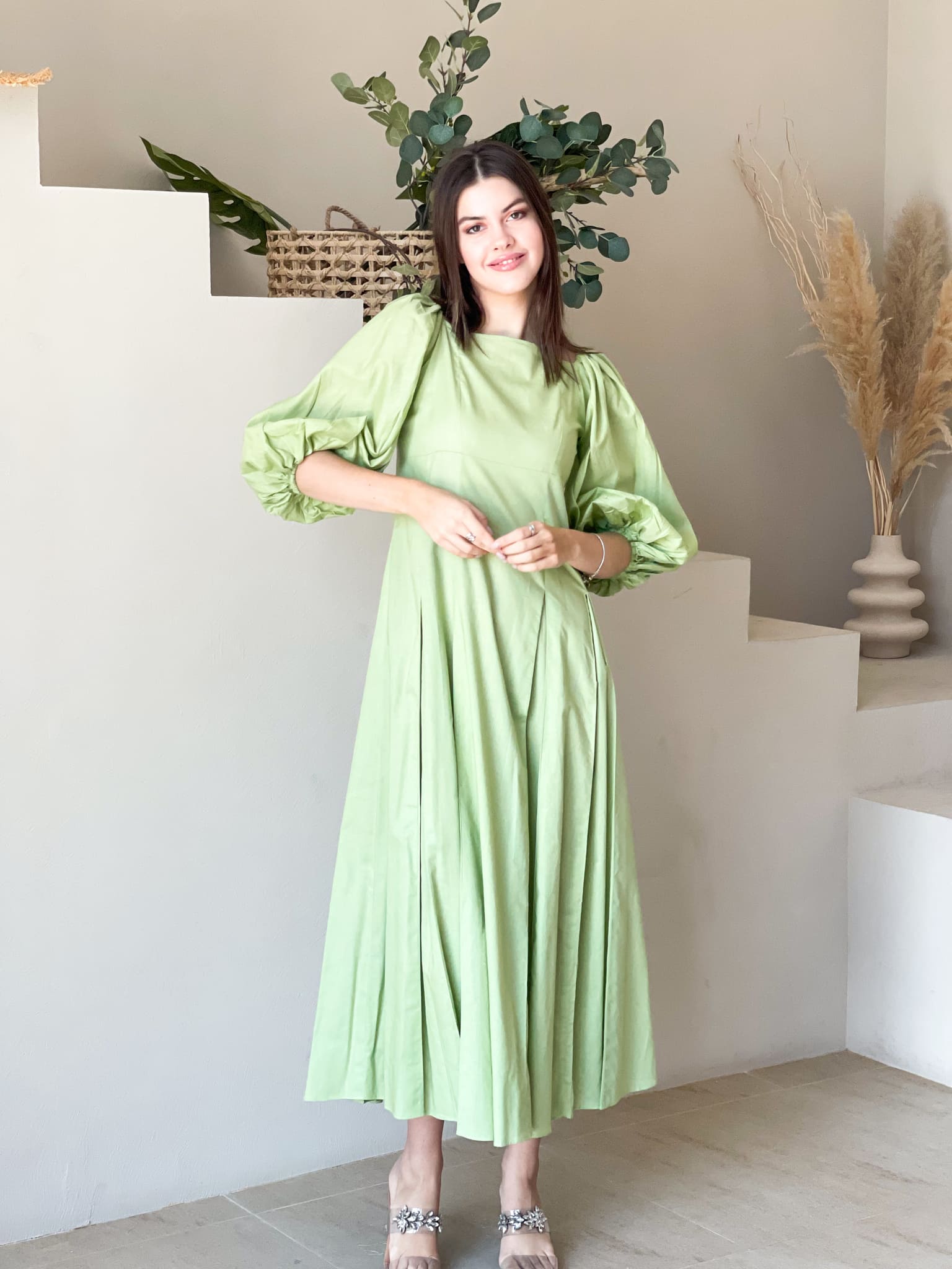 Ruby Green Box Pleat Long Dress