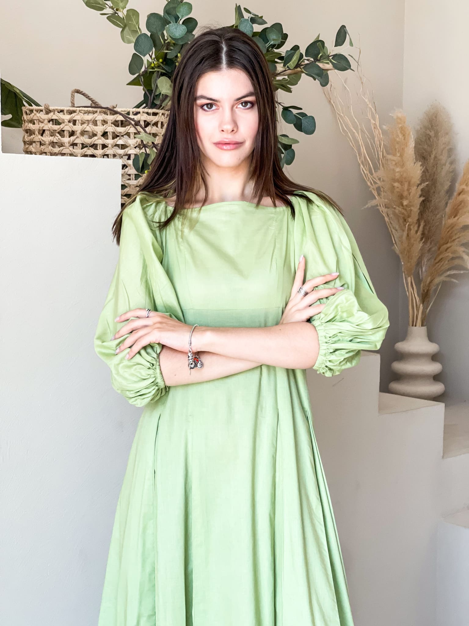 Ruby Green Box Pleat Long Dress