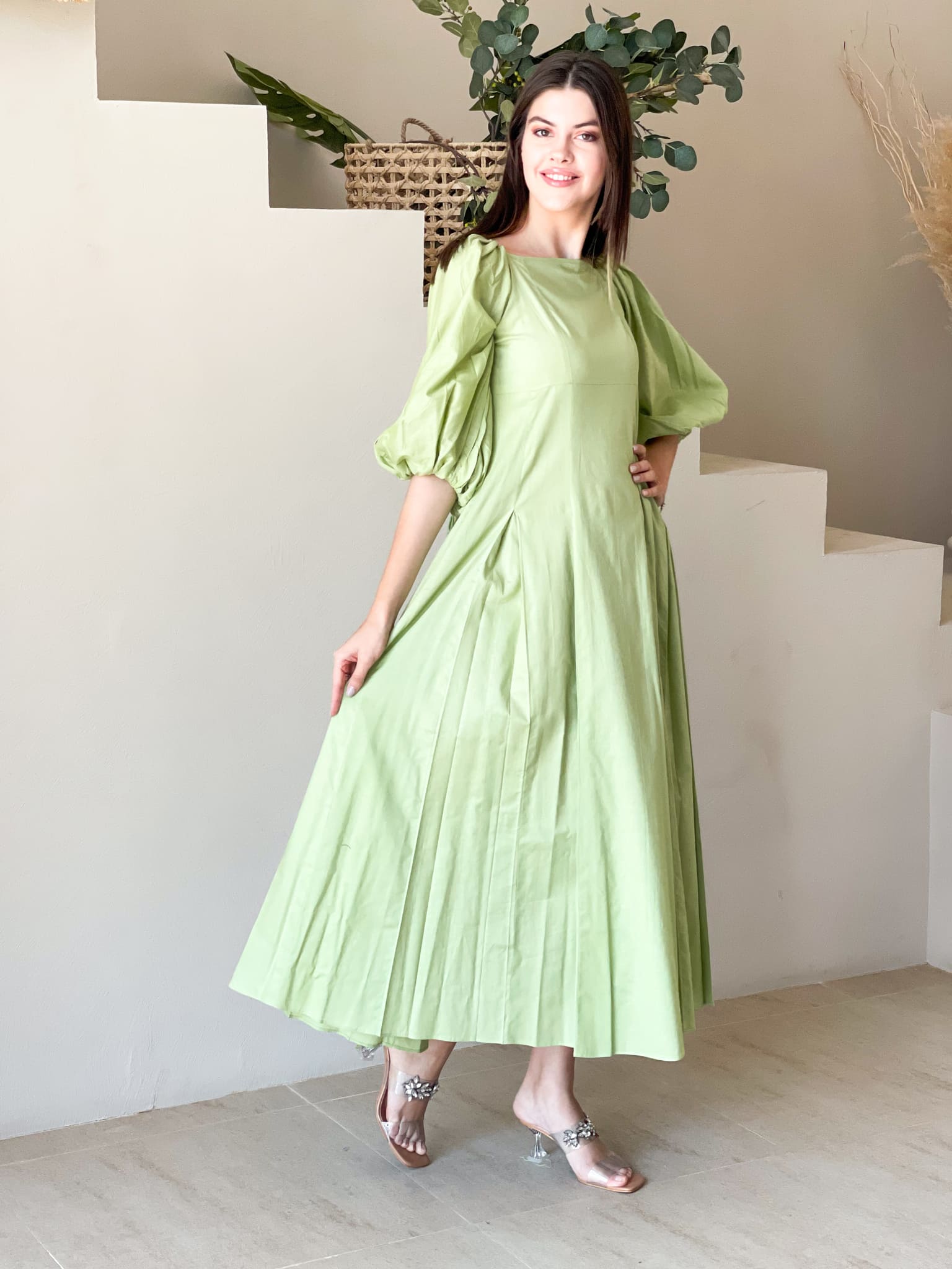 Ruby Green Box Pleat Long Dress