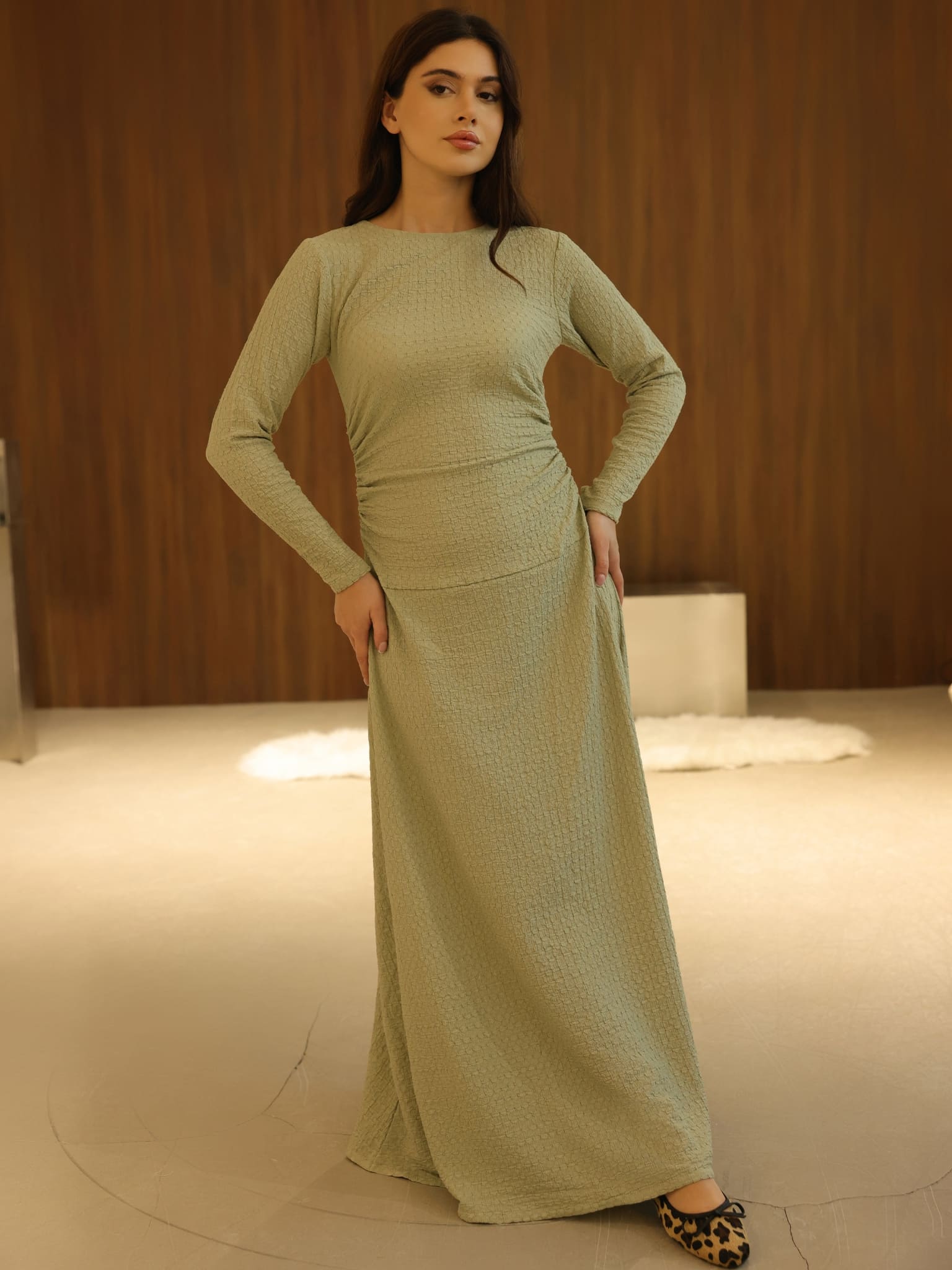 Wynn Green Textured Ruching Dress