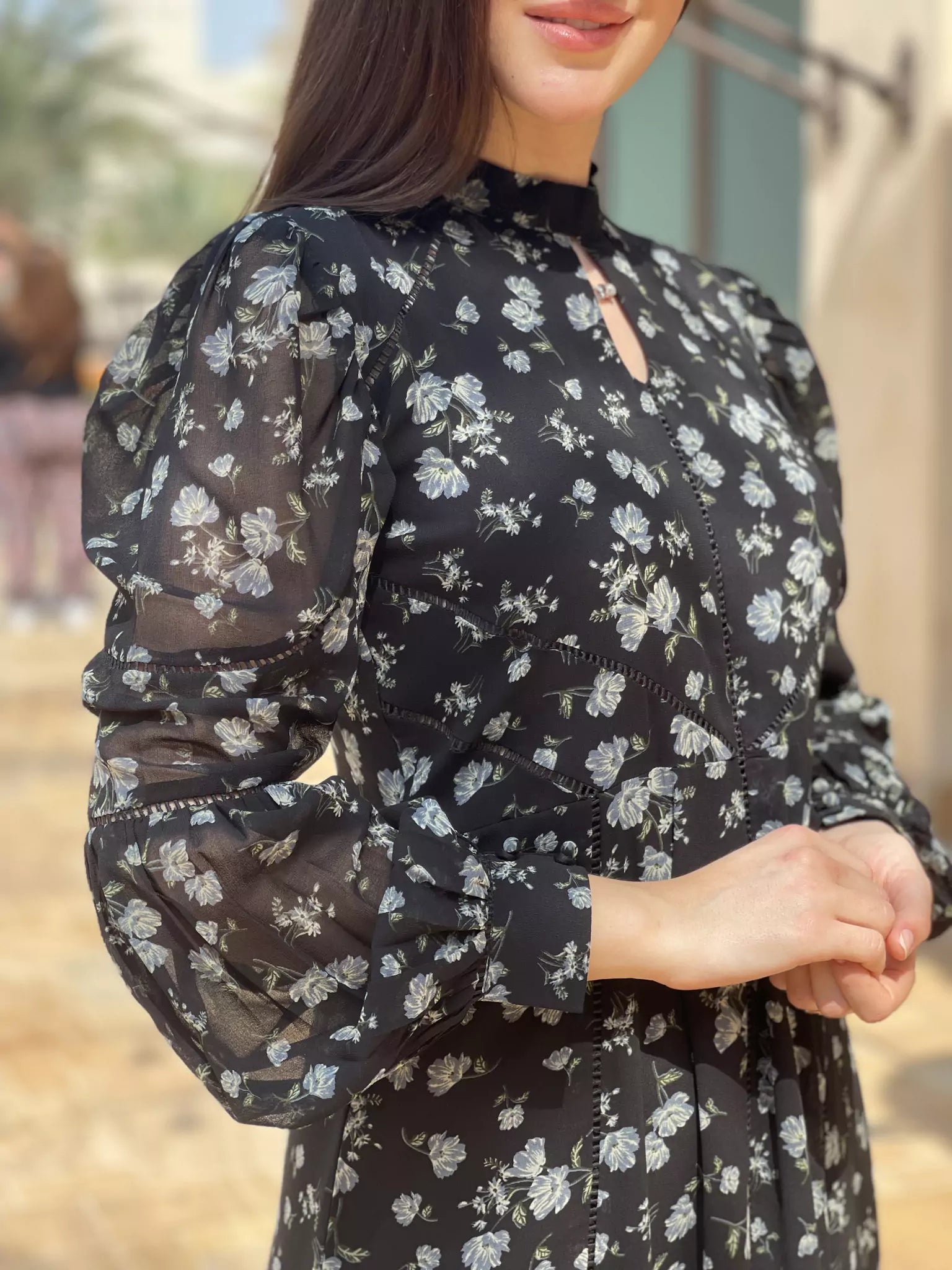 Veliora Black Floral Lacey Long Dress