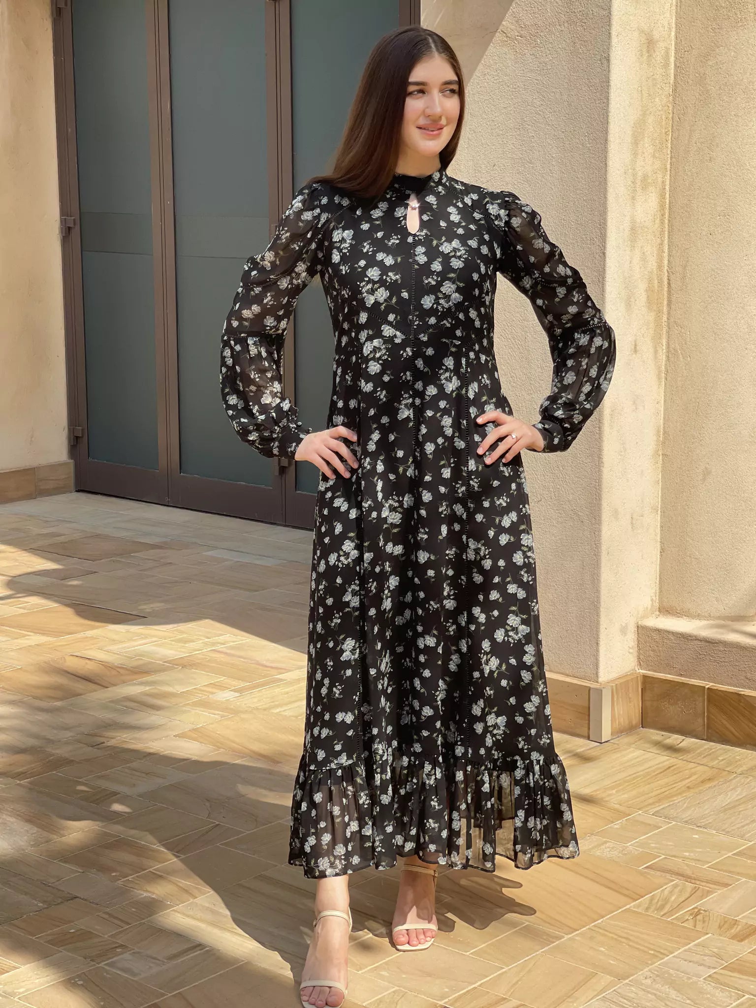 Veliora Black Floral Lacey Long Dress