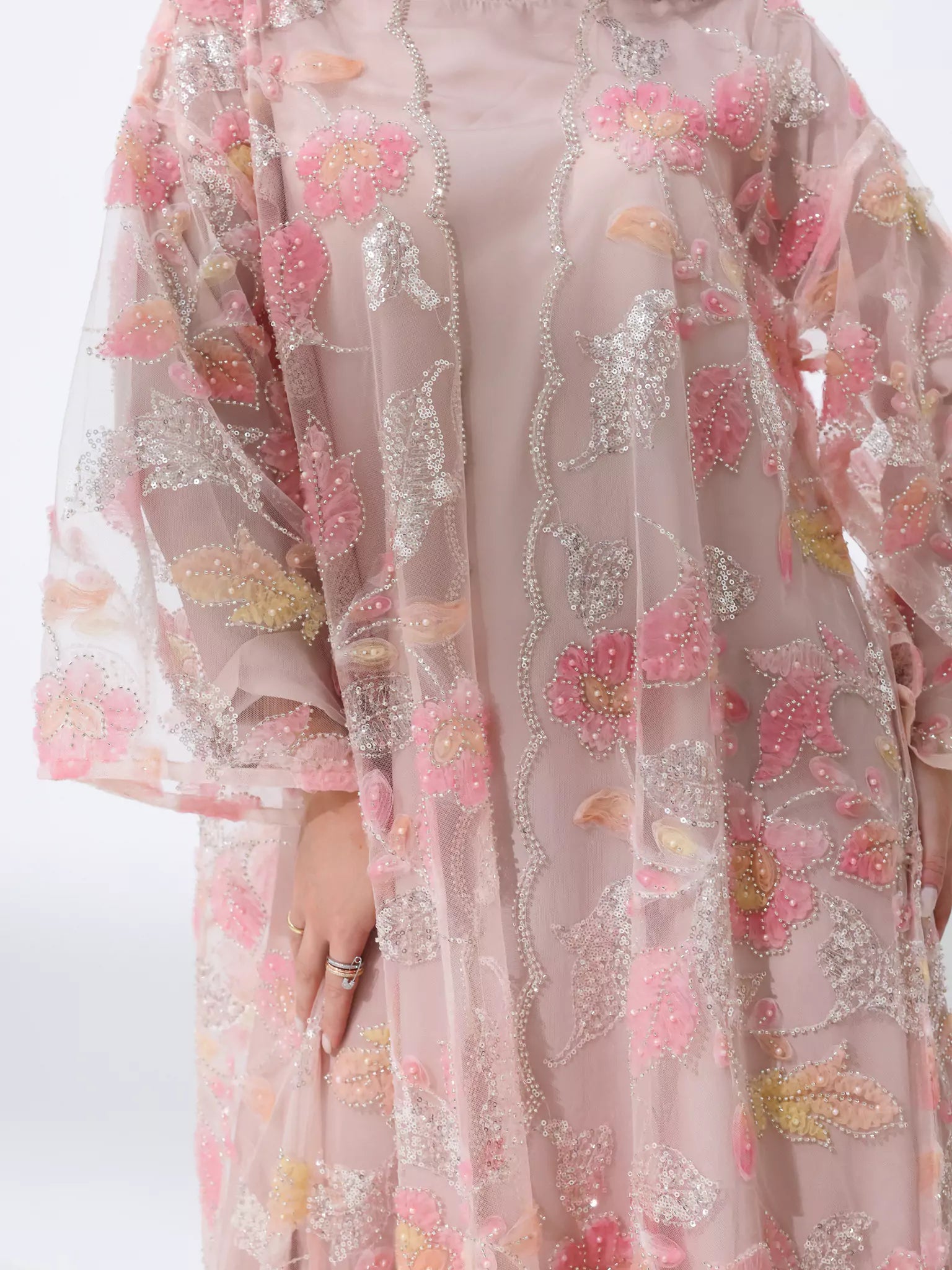 Embellished Luxury Abaya Pink And Peach leafy