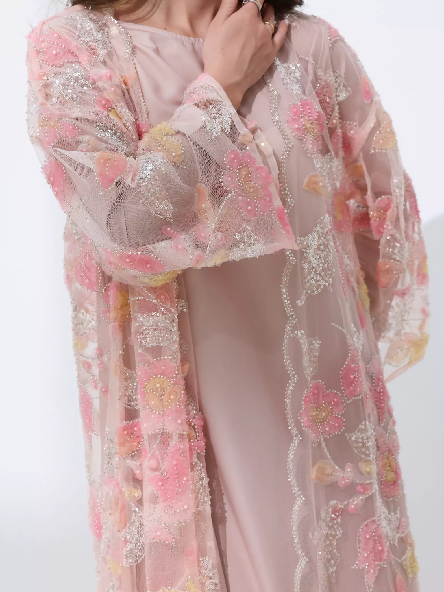 Embellished Luxury Abaya Pink And Peach leafy