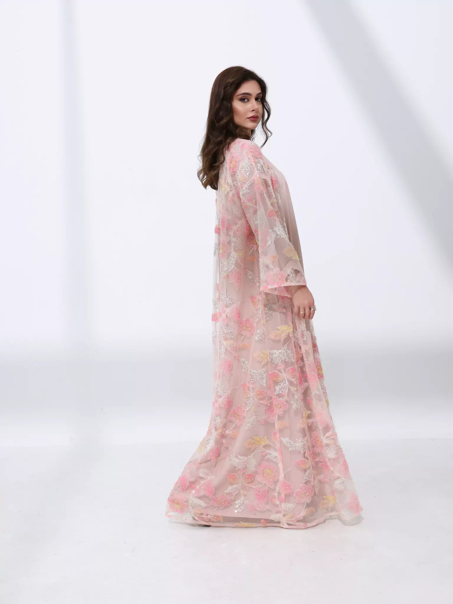 Embellished Luxury Abaya Pink And Peach leafy