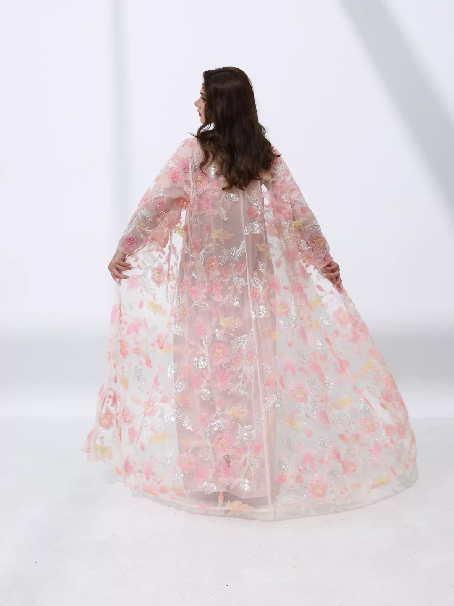 Embellished Luxury Abaya Pink And Peach leafy