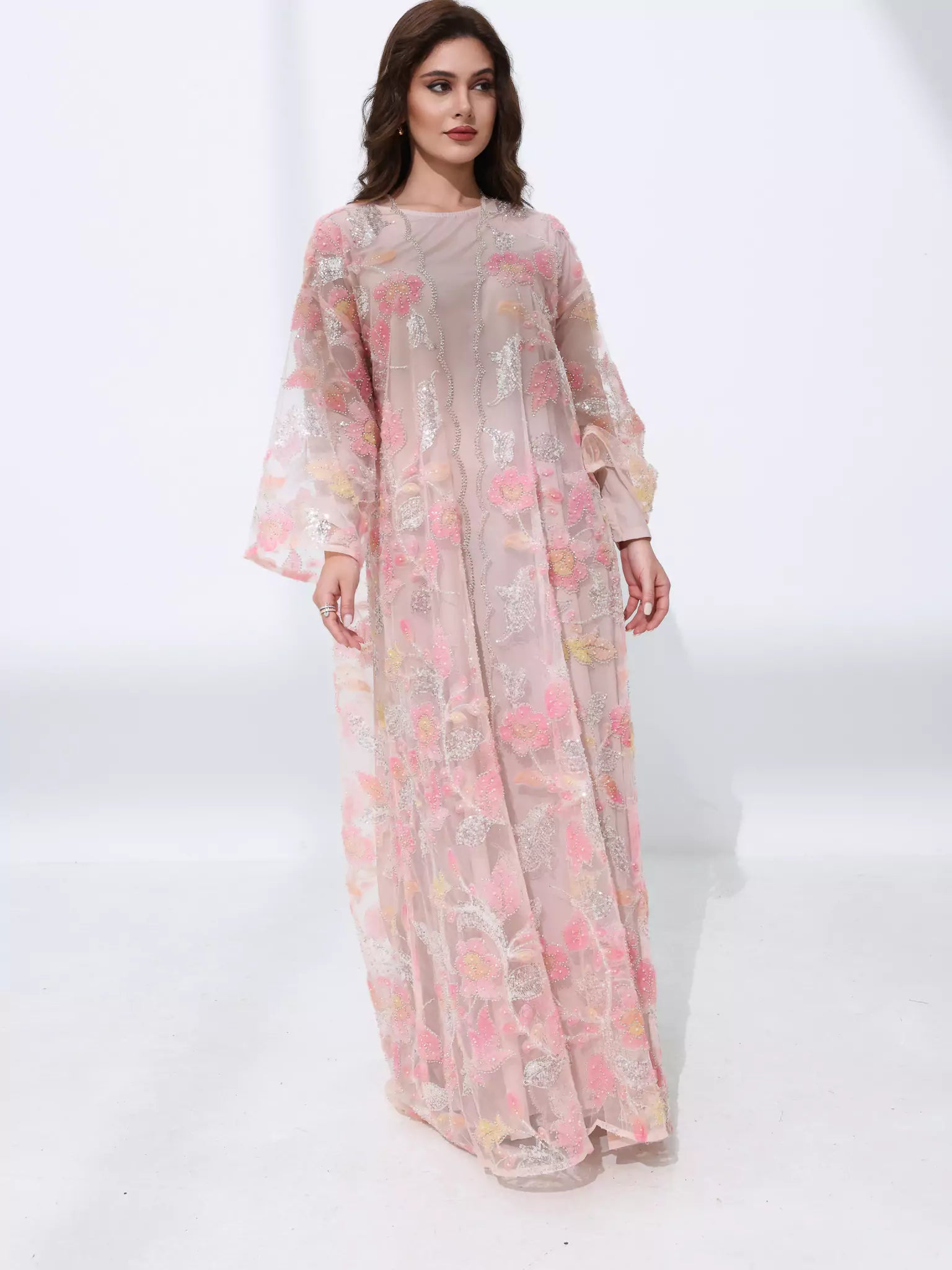 Embellished Luxury Abaya Pink And Peach leafy