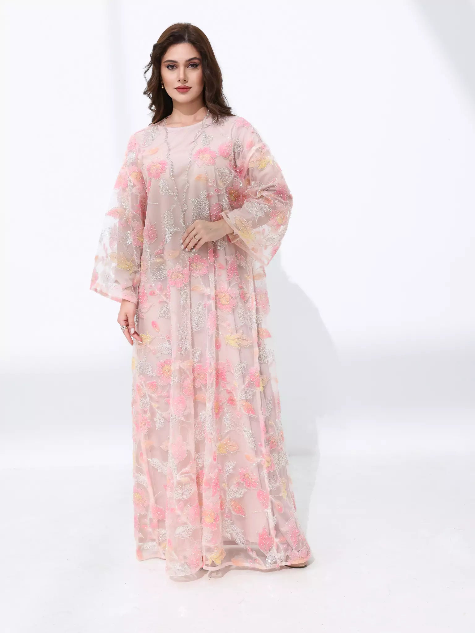 Embellished Luxury Abaya Pink And Peach leafy