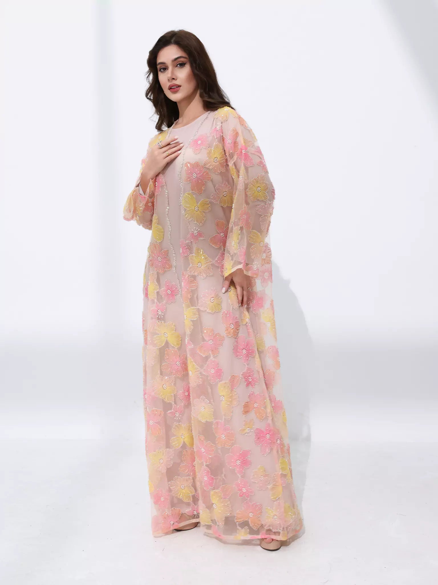 Embellished Luxury Abaya Peach And Yellow