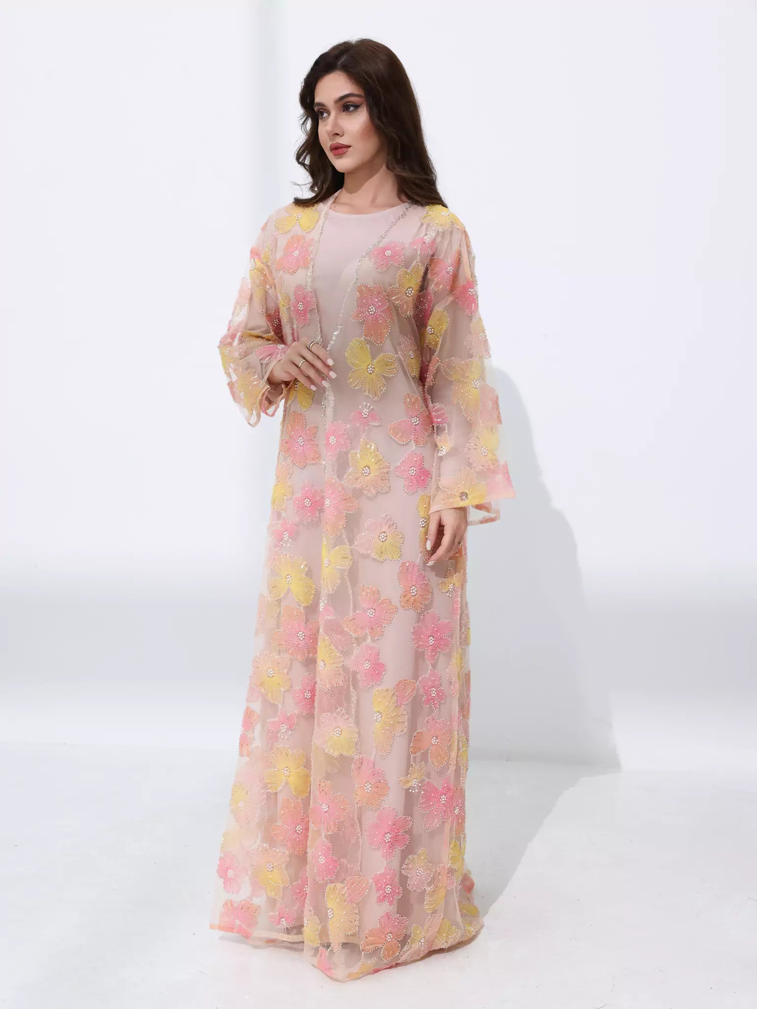 Embellished Luxury Abaya Peach And Yellow