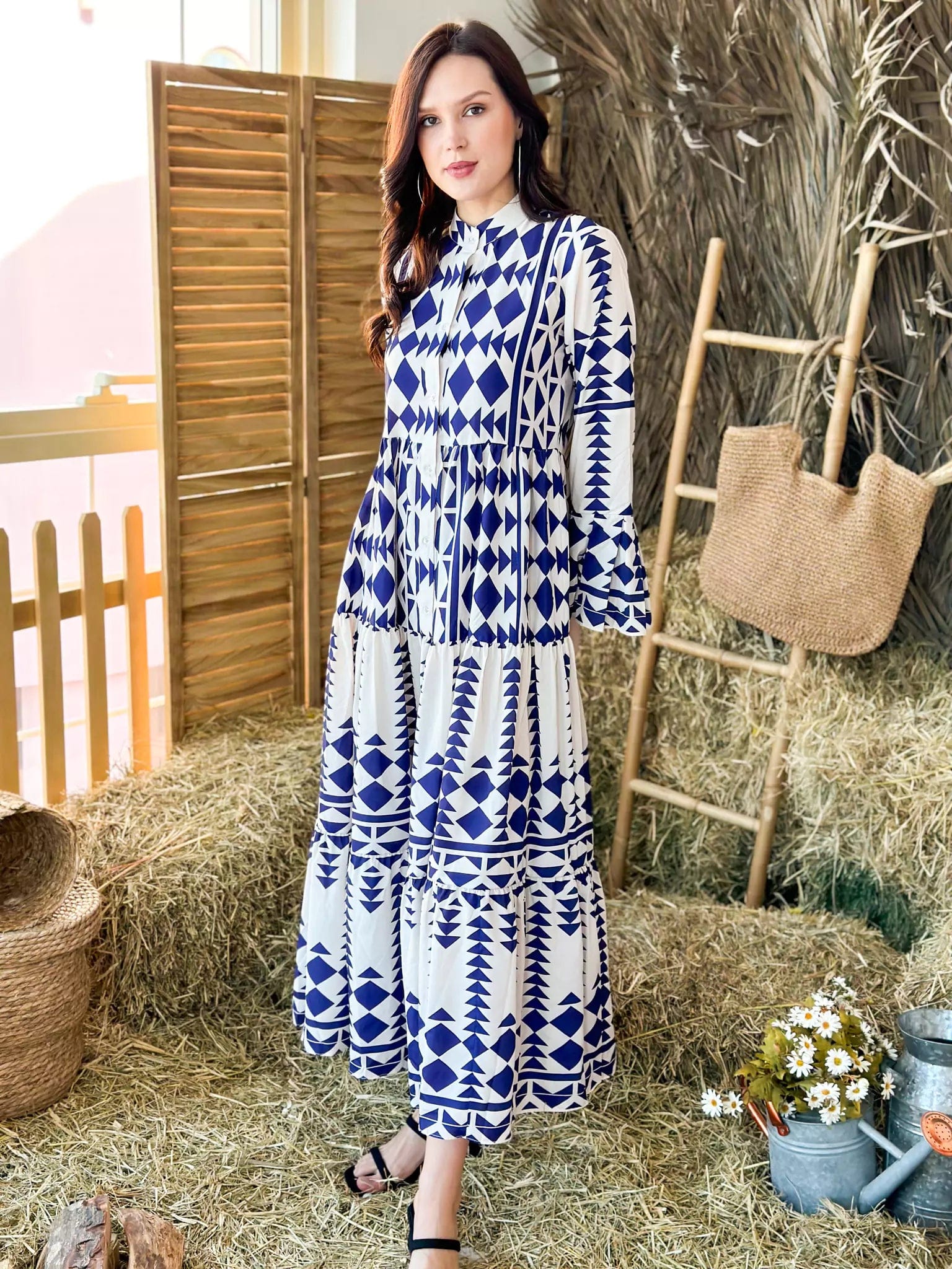 Blue Merry Geometric Dress - Blue and White Dresses  - Sowears