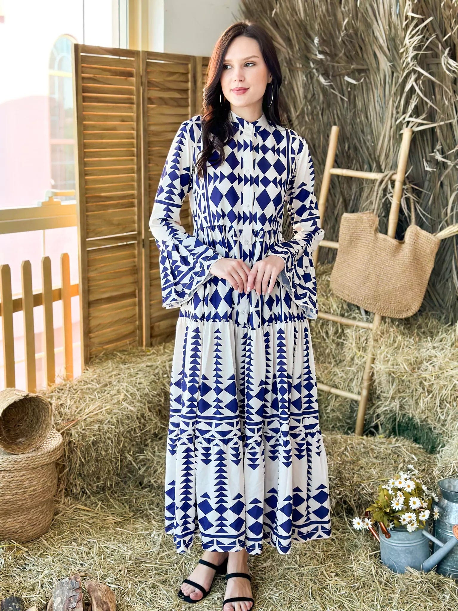 Blue Merry Geometric Dress - Blue and White Dresses  - Sowears