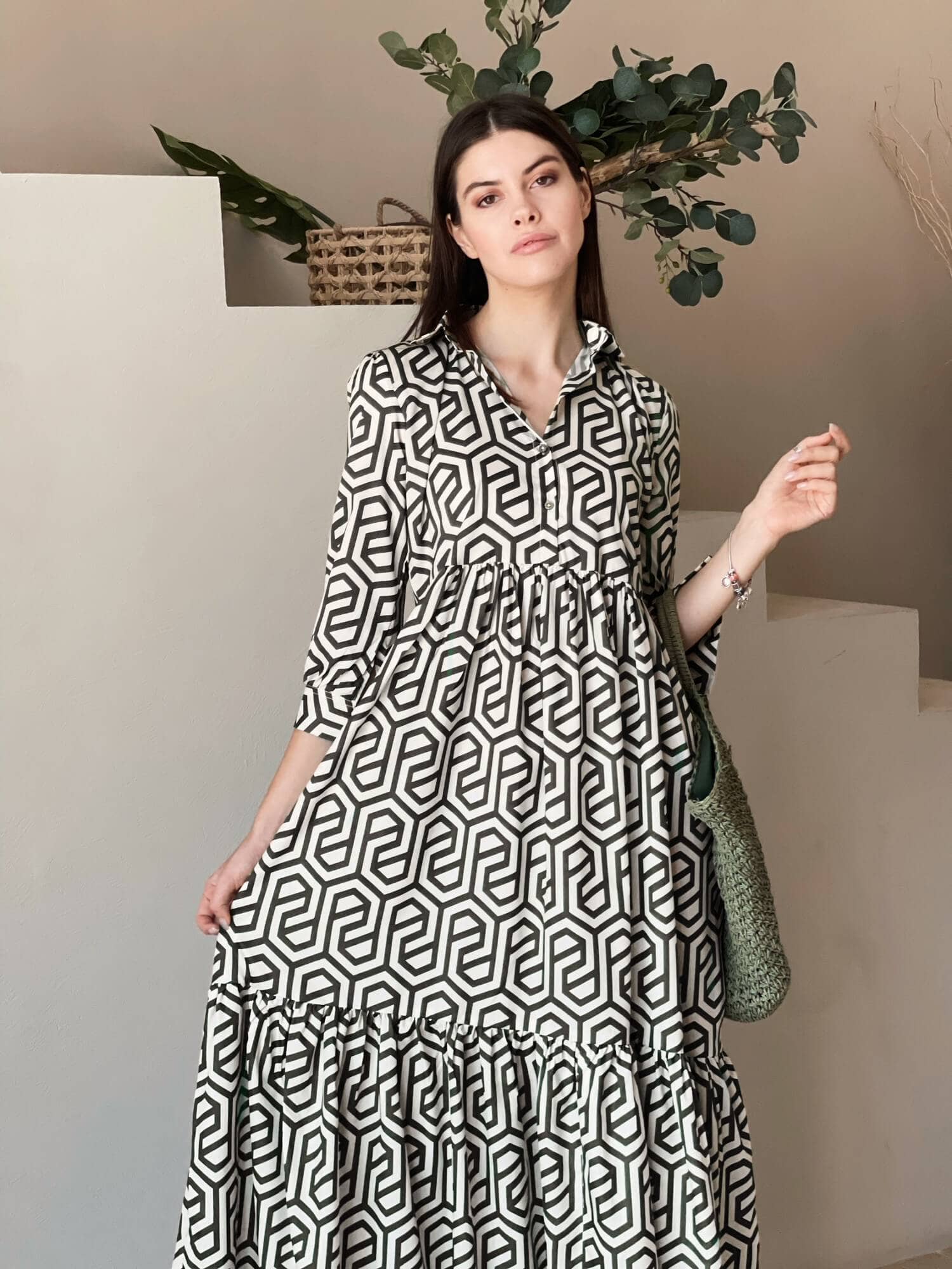 Geo Long Printed Dress In Black Dresses  - Sowears