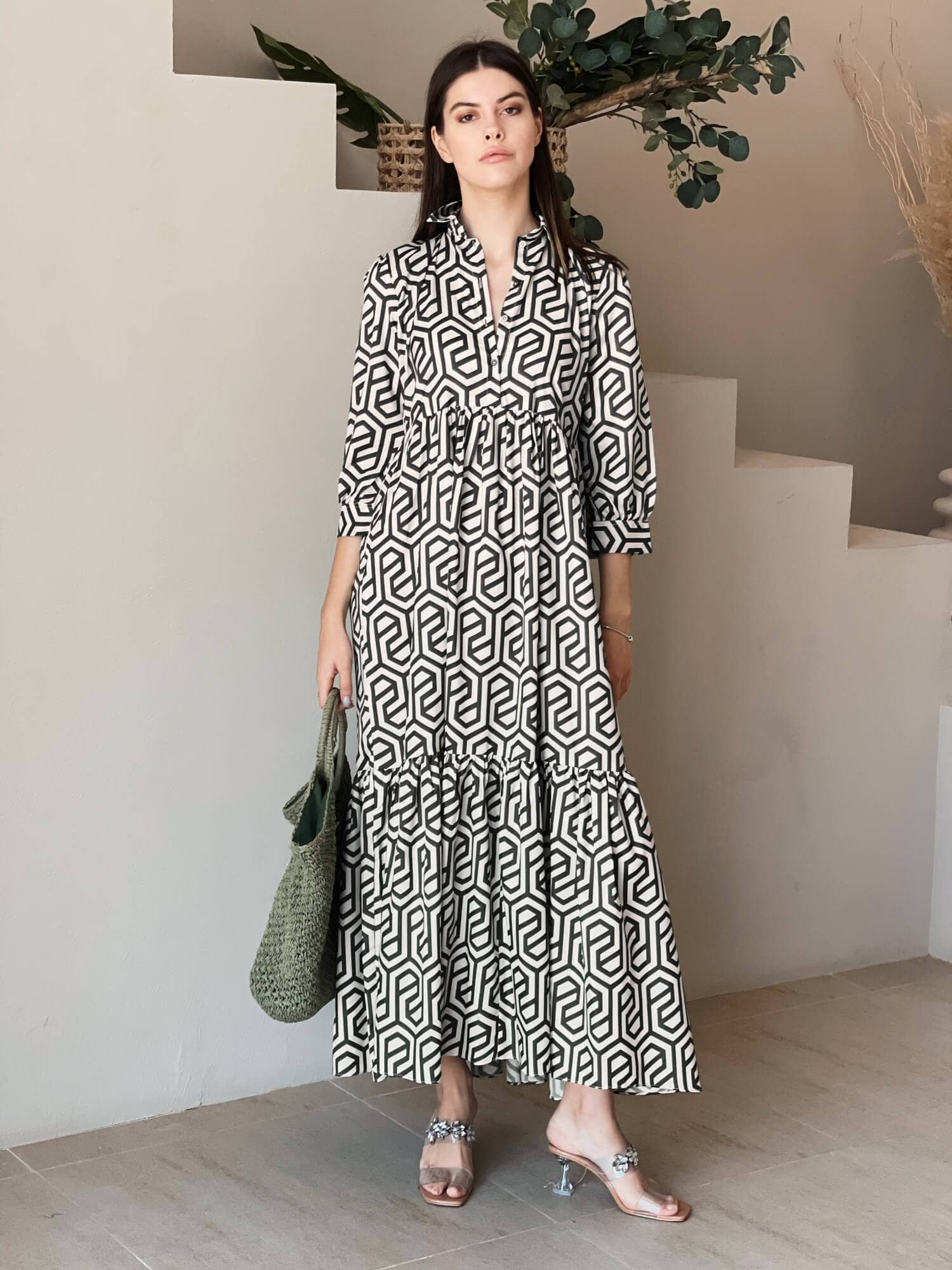 Geo Long Printed Dress In Black Dresses  - Sowears